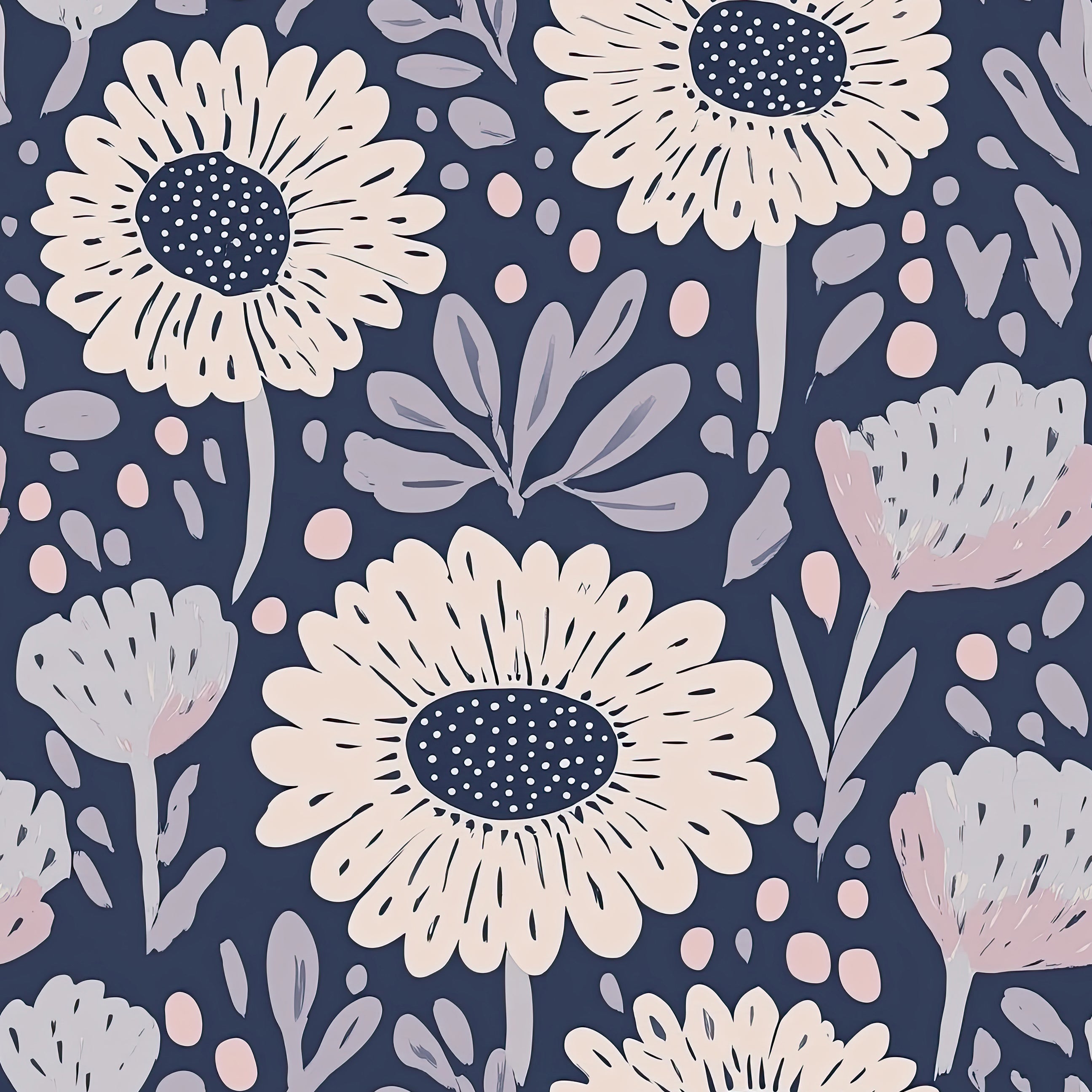Boho Bloom Midnight floral wallpaper with daisies, blush and lavender tones on navy, perfect for cottagecore decor.