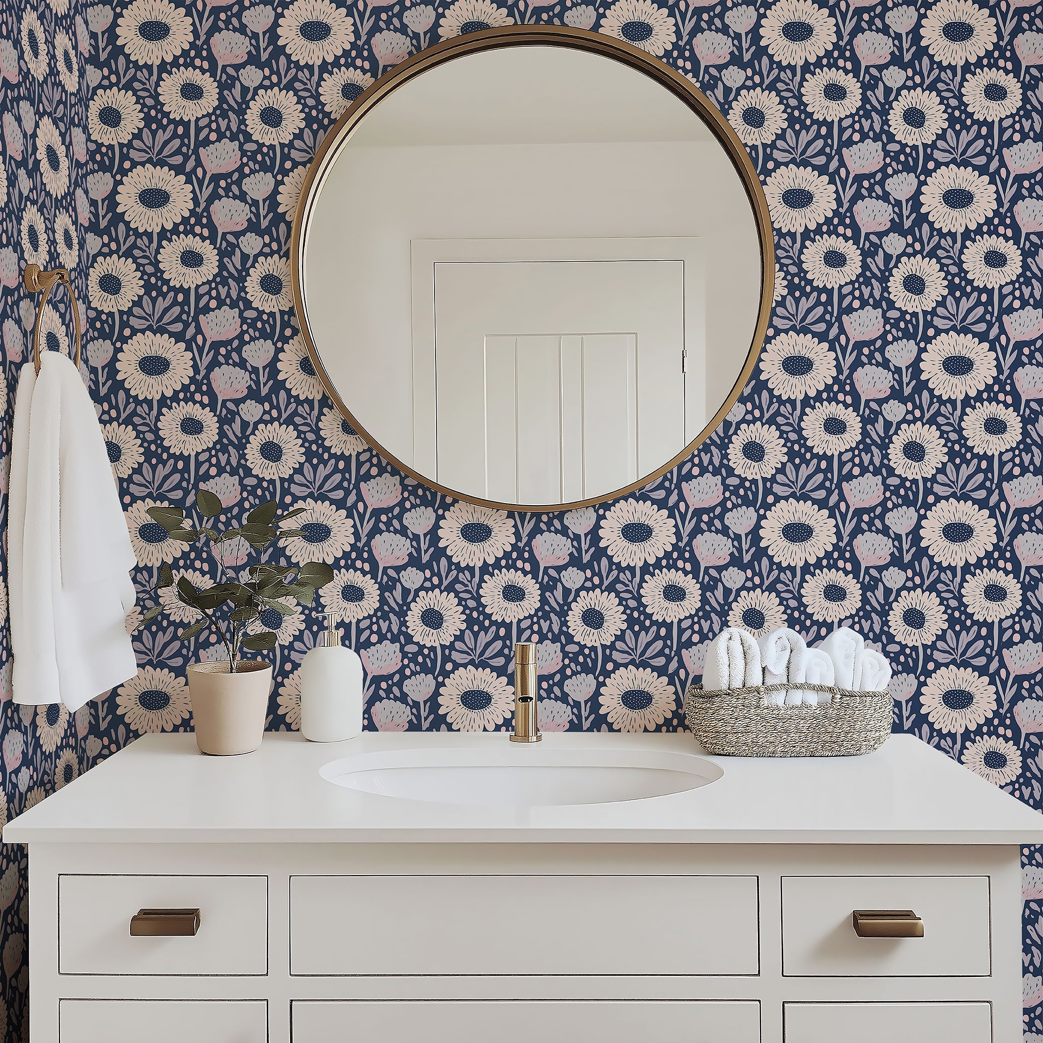 Bathroom with Boho Bloom Midnight wallpaper featuring floral daisies in blush and cream, perfect for a boho or cottagecore vibe.
