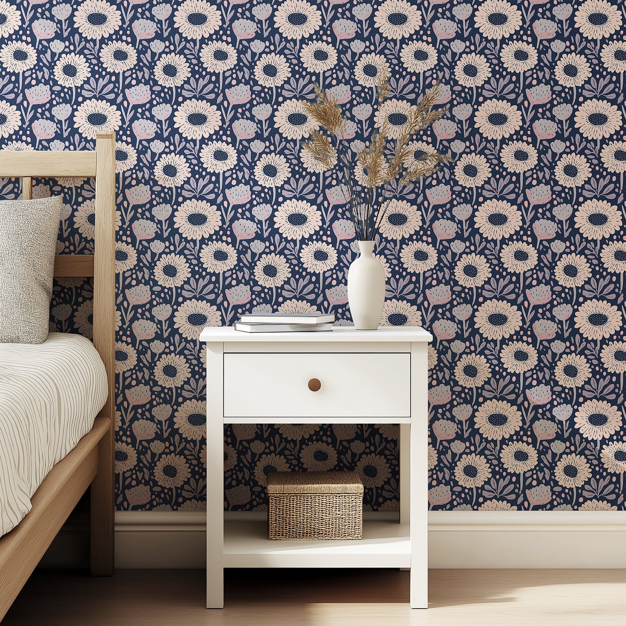 Floral wallpaper with daisies in blush, lavender, and cream on a navy background, perfect for cottagecore or boho interiors.