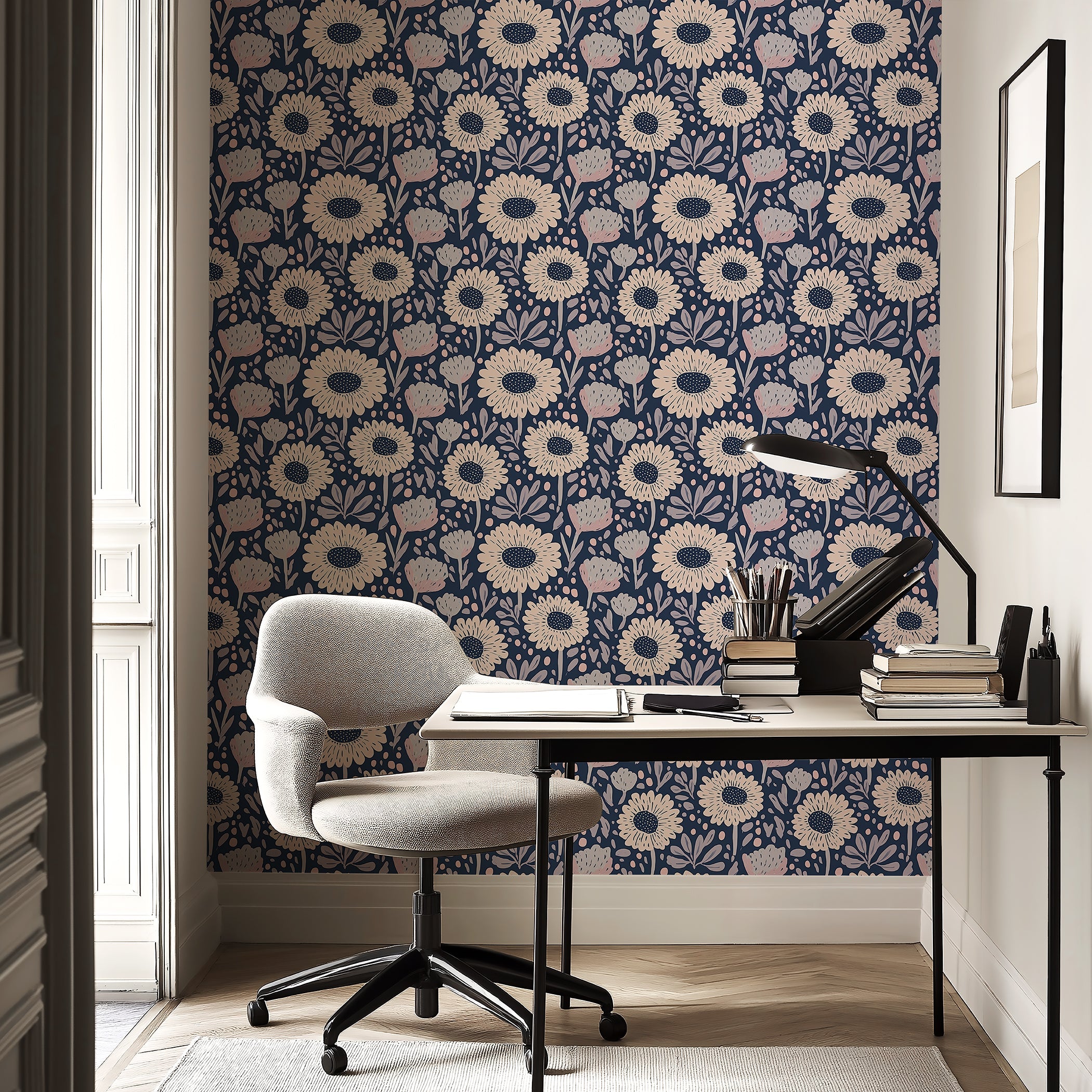 Boho Bloom Midnight wallpaper with floral design in navy and blush hues, perfect for cottagecore interiors and creative spaces.