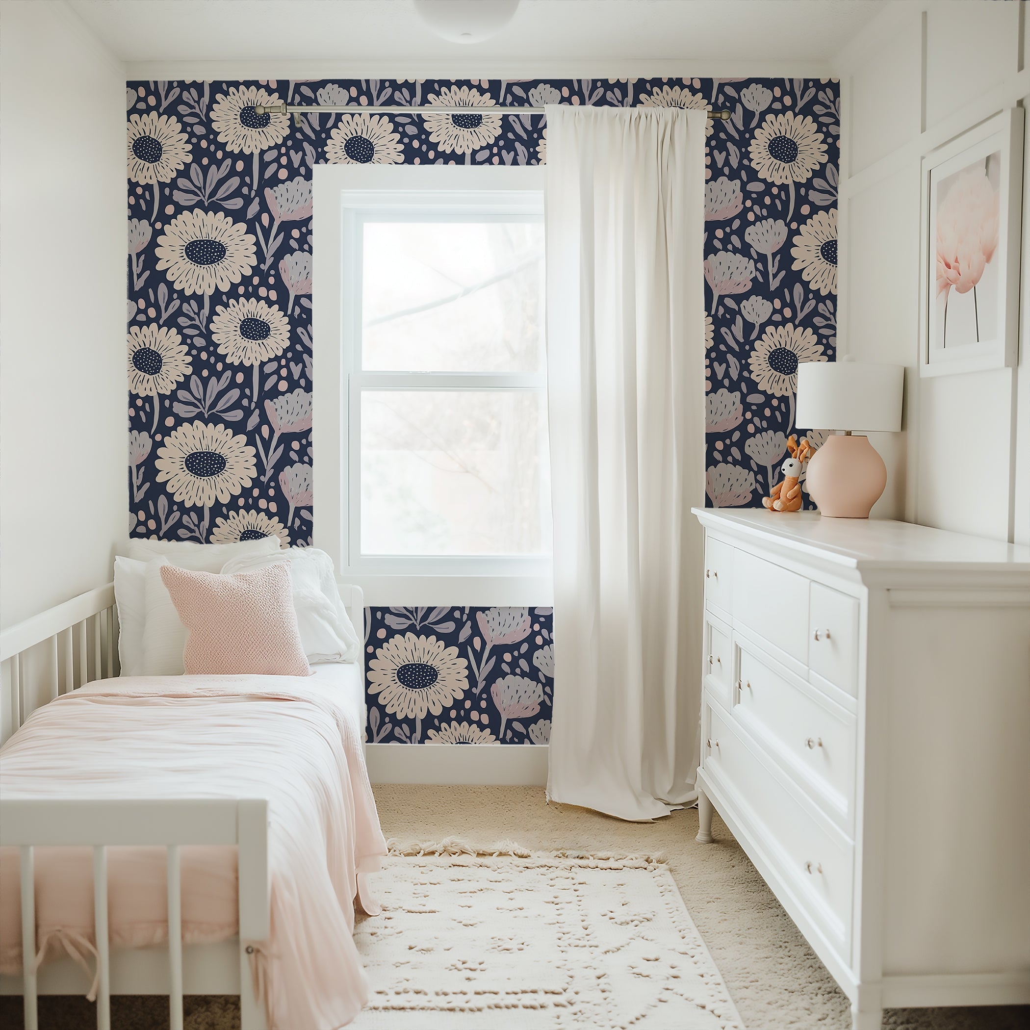 Boho Bloom Midnight floral wallpaper with hand-drawn daisies in blush against navy, perfect for cottagecore vibes in a child's room.