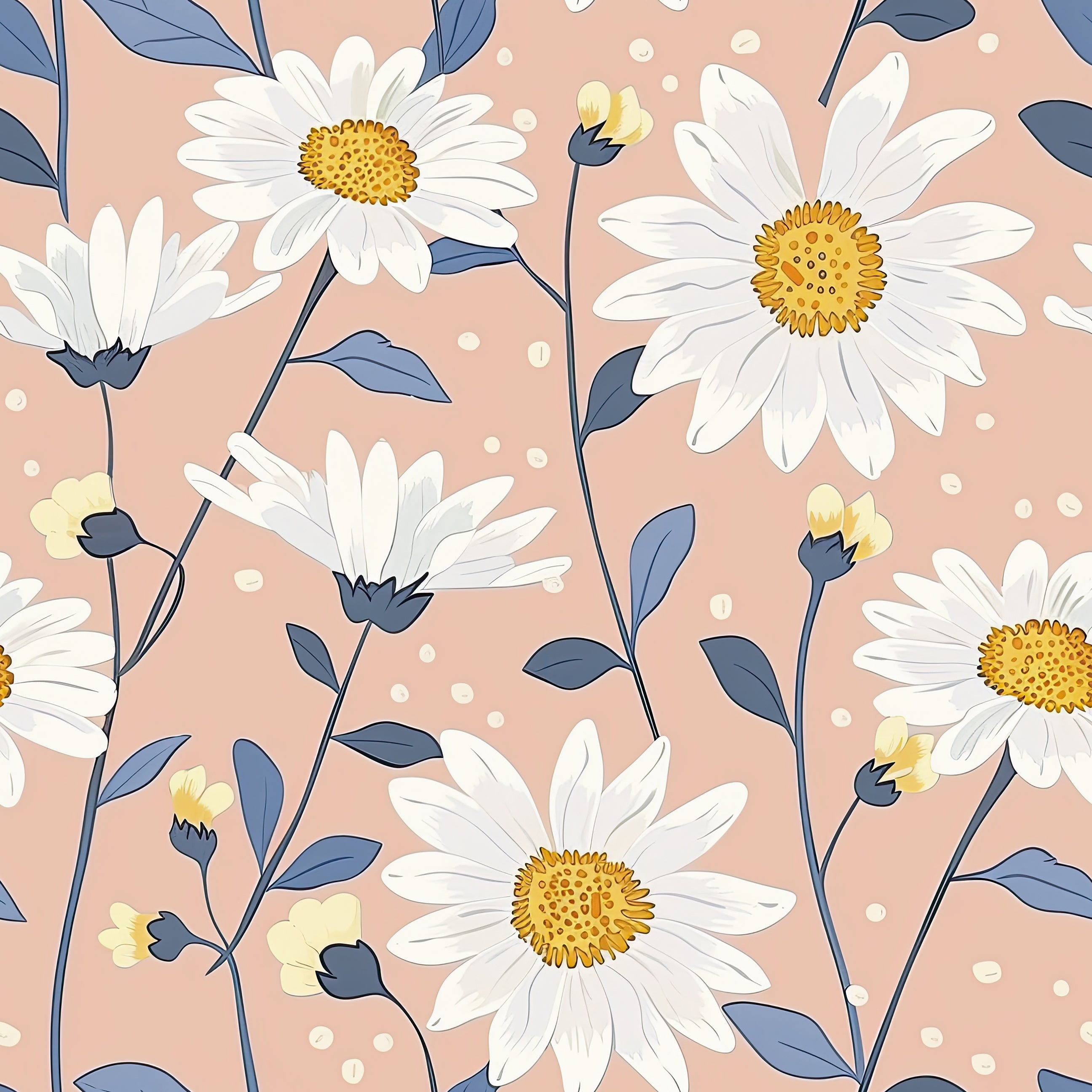 Sunshine Floral Meadow wallpaper featuring white daisies with golden centers on a peach background with soft blue foliage.