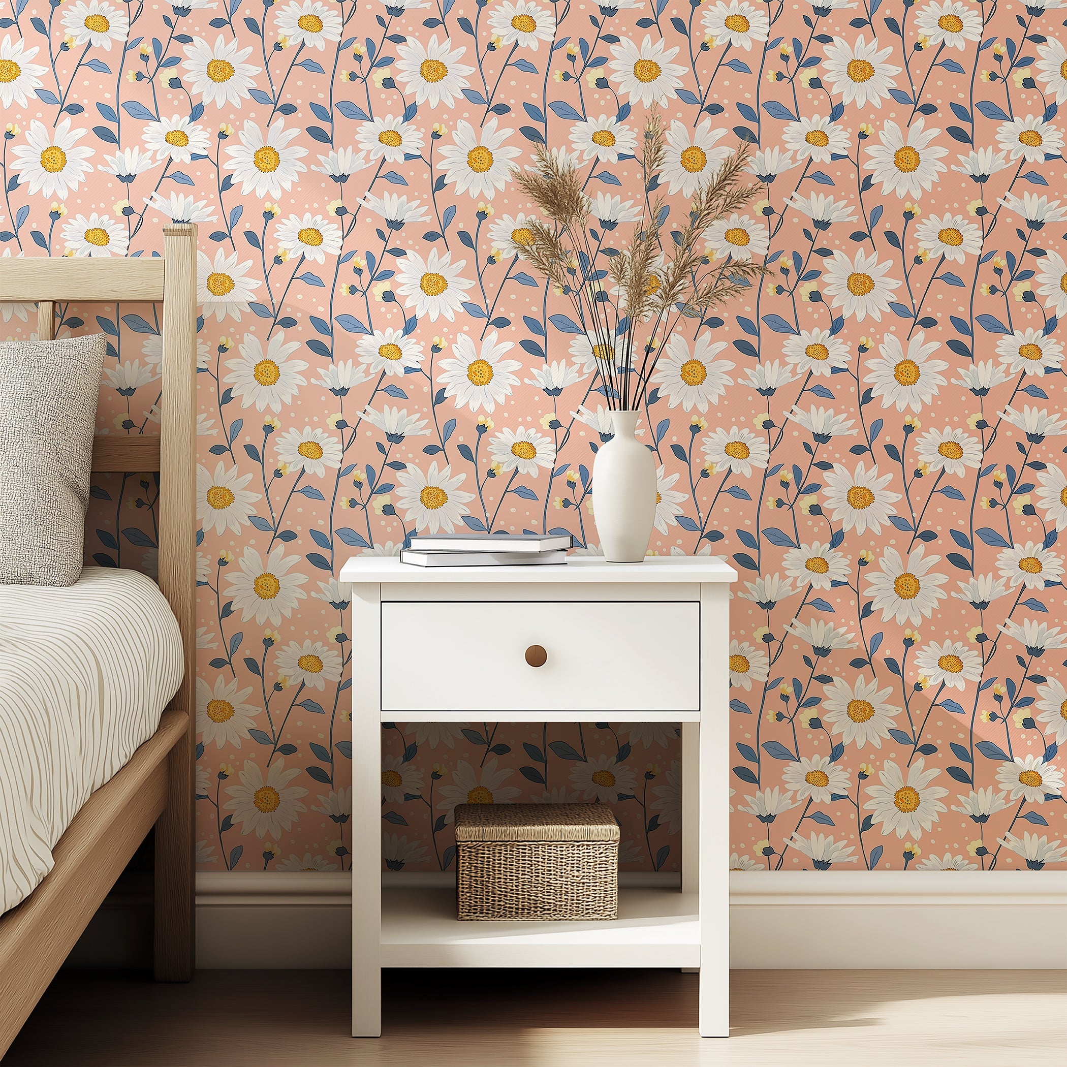 Floral wallpaper with white daisies on a peach background, adding brightness to a bedroom setting with a modern floral design.