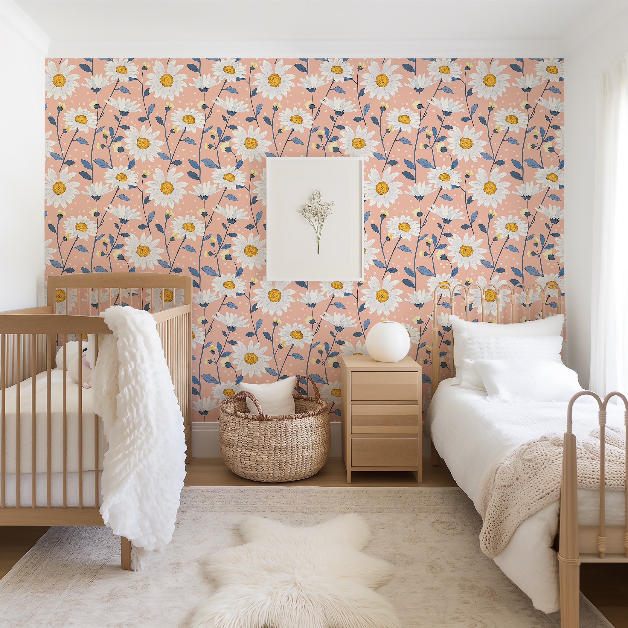 Sunshine Floral Meadow wallpaper with white daisies and soft blue foliage on a peach background in bedroom, featuring modern floral design.
