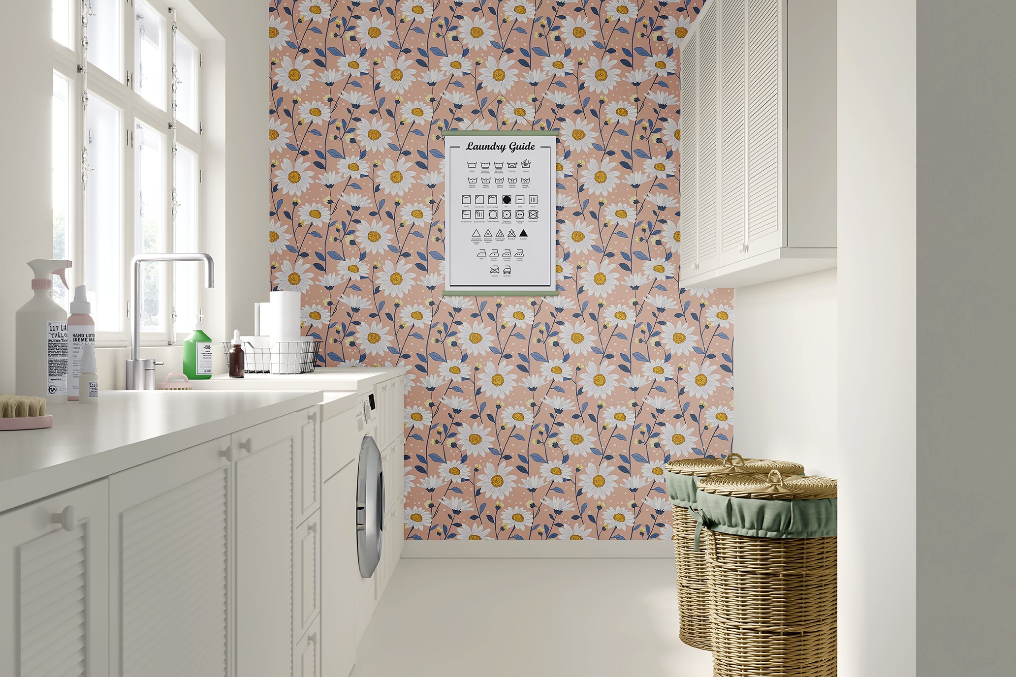 Laundry room with Sunshine Floral Meadow wallpaper featuring white daisies on a peach background, adding vibrant floral decor.