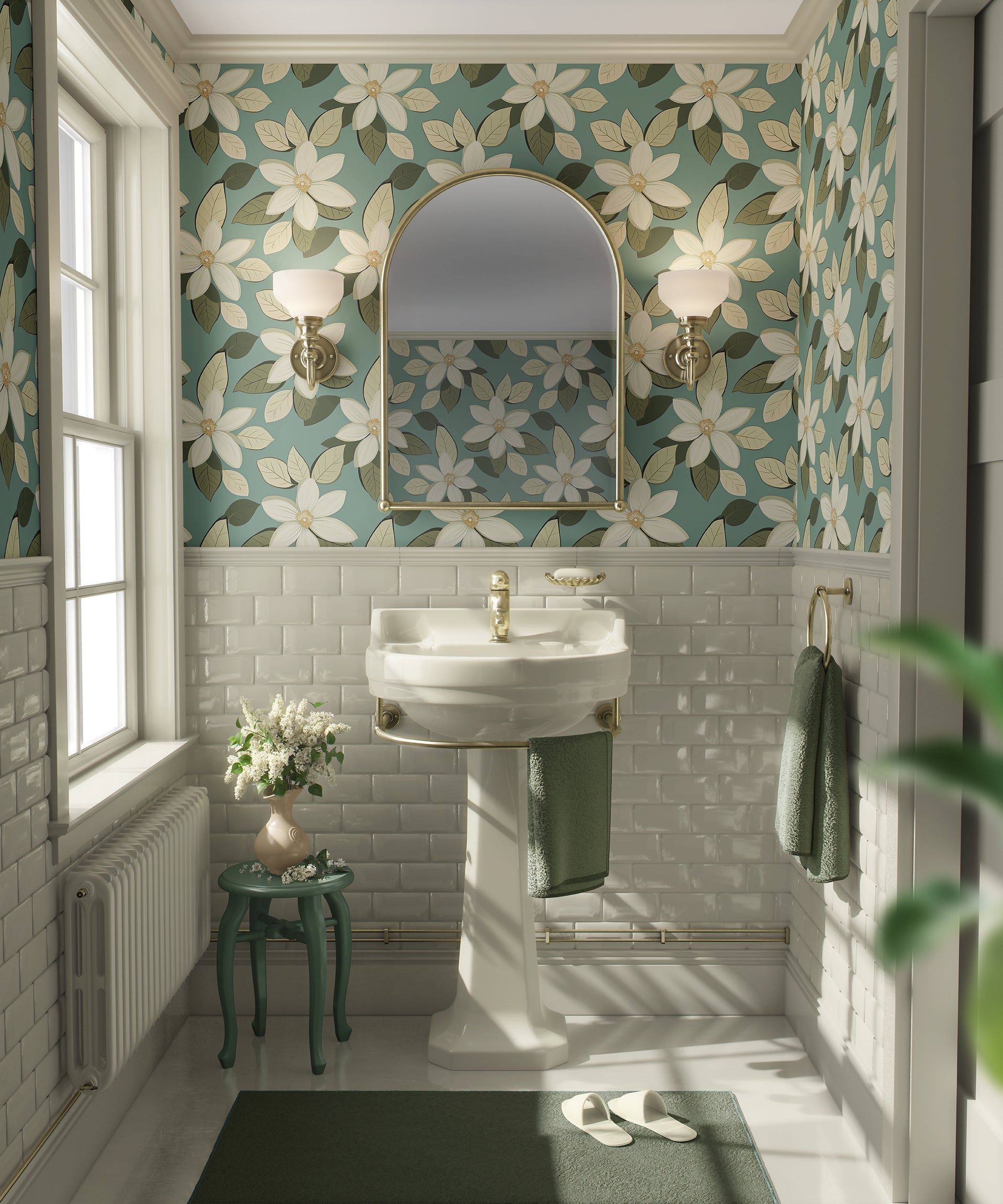 Elegant bathroom with Classic Bloom Bliss floral wallpaper featuring ivory blossoms, teal background, and vintage decor accents.