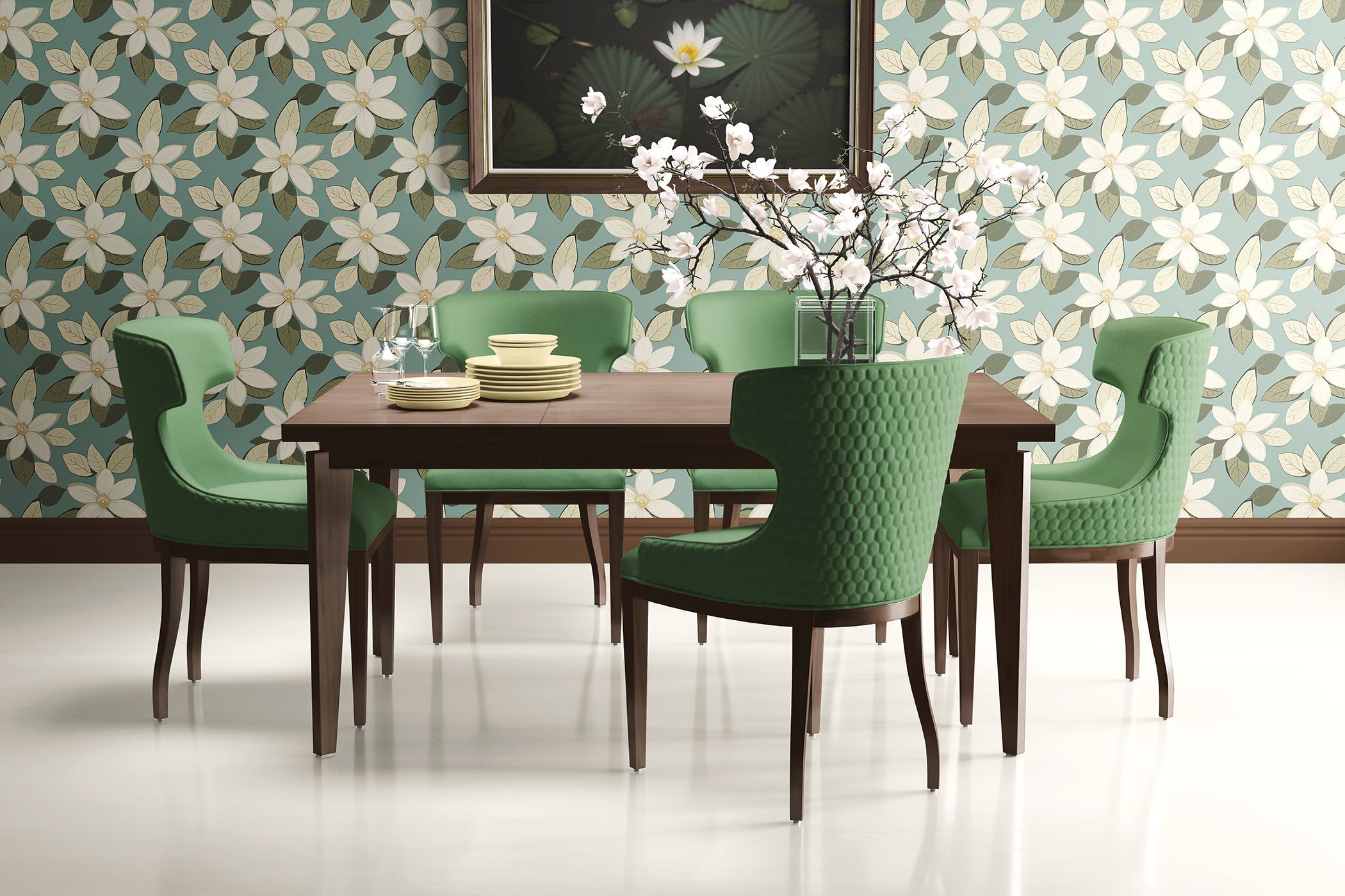 Dining room with green chairs and table against classic bloom bliss wallpaper featuring ivory floral design on teal background.