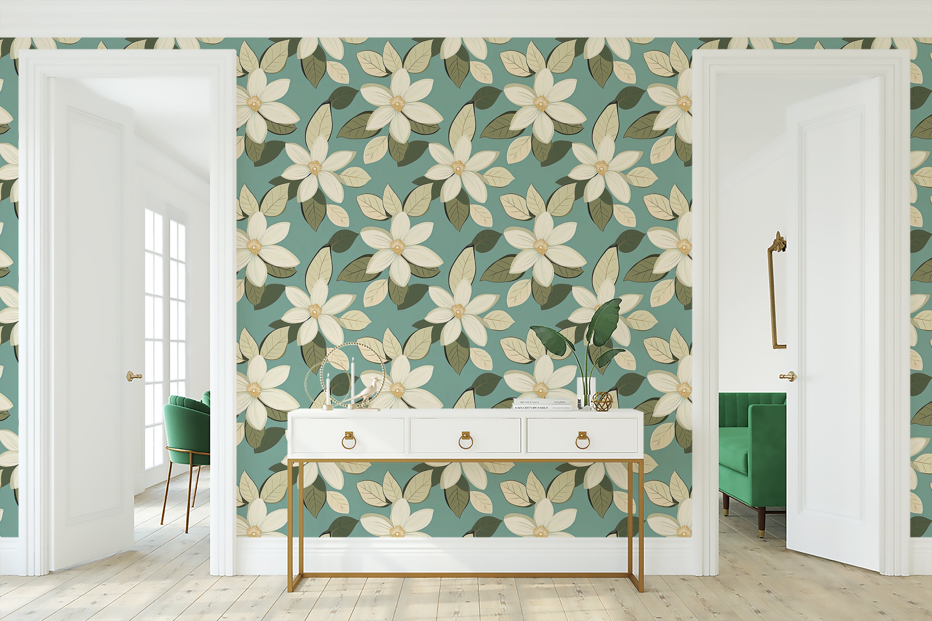 Floral wallpaper with ivory blossoms and sage leaves on a teal background, offering a timeless and elegant look for modern interiors.