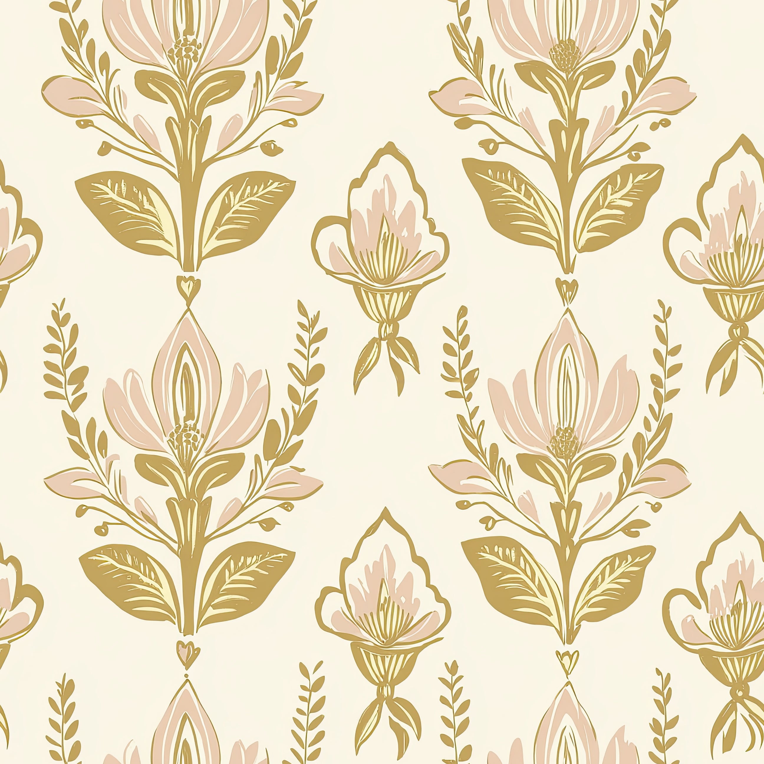 Vintage floral wallpaper featuring pink and gold stylized flowers on a cream background, ideal for creating timeless elegance.