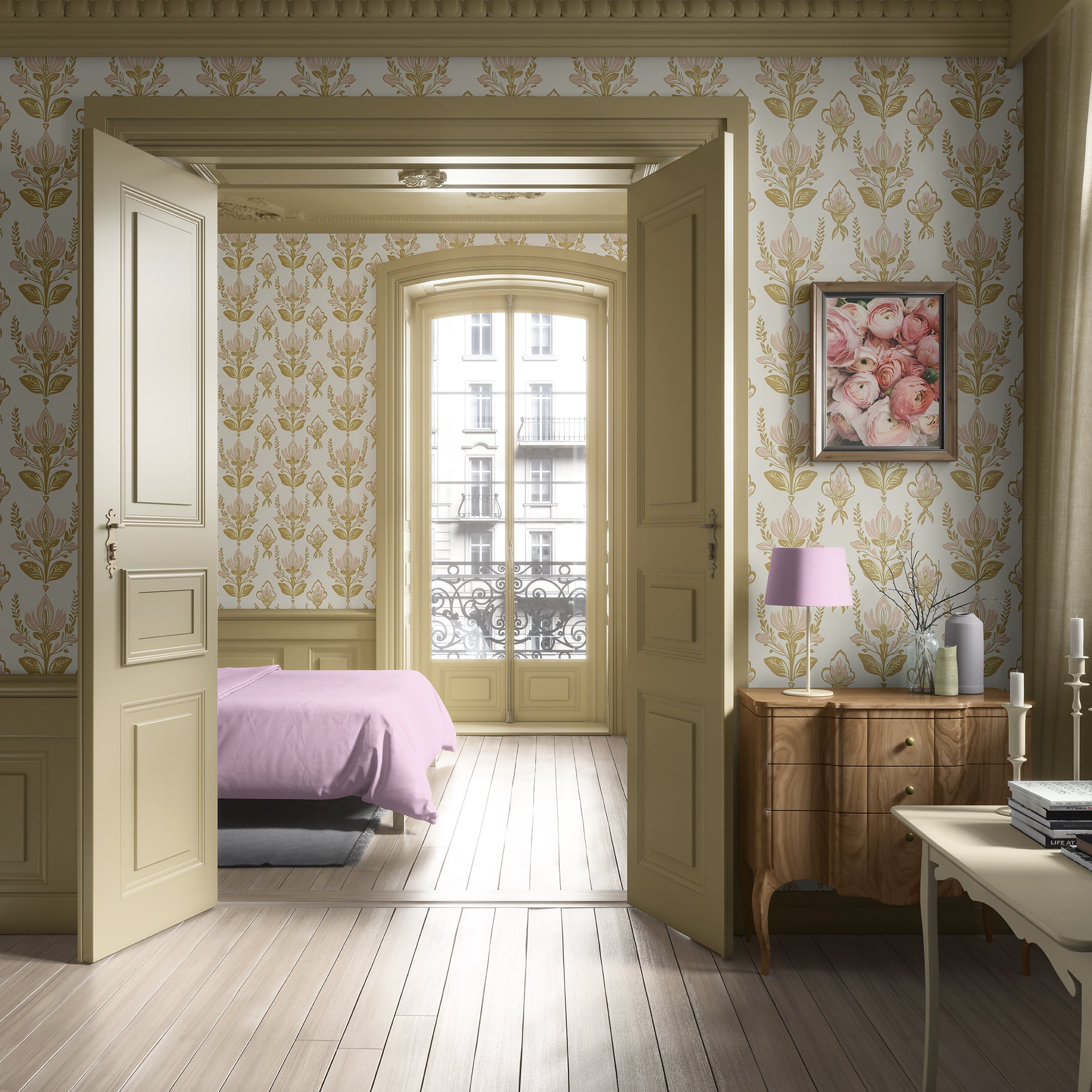 Vintage Floral Bouquet wallpaper with pink and gold damask pattern in a cozy bedroom setting, enhancing elegance and warmth.