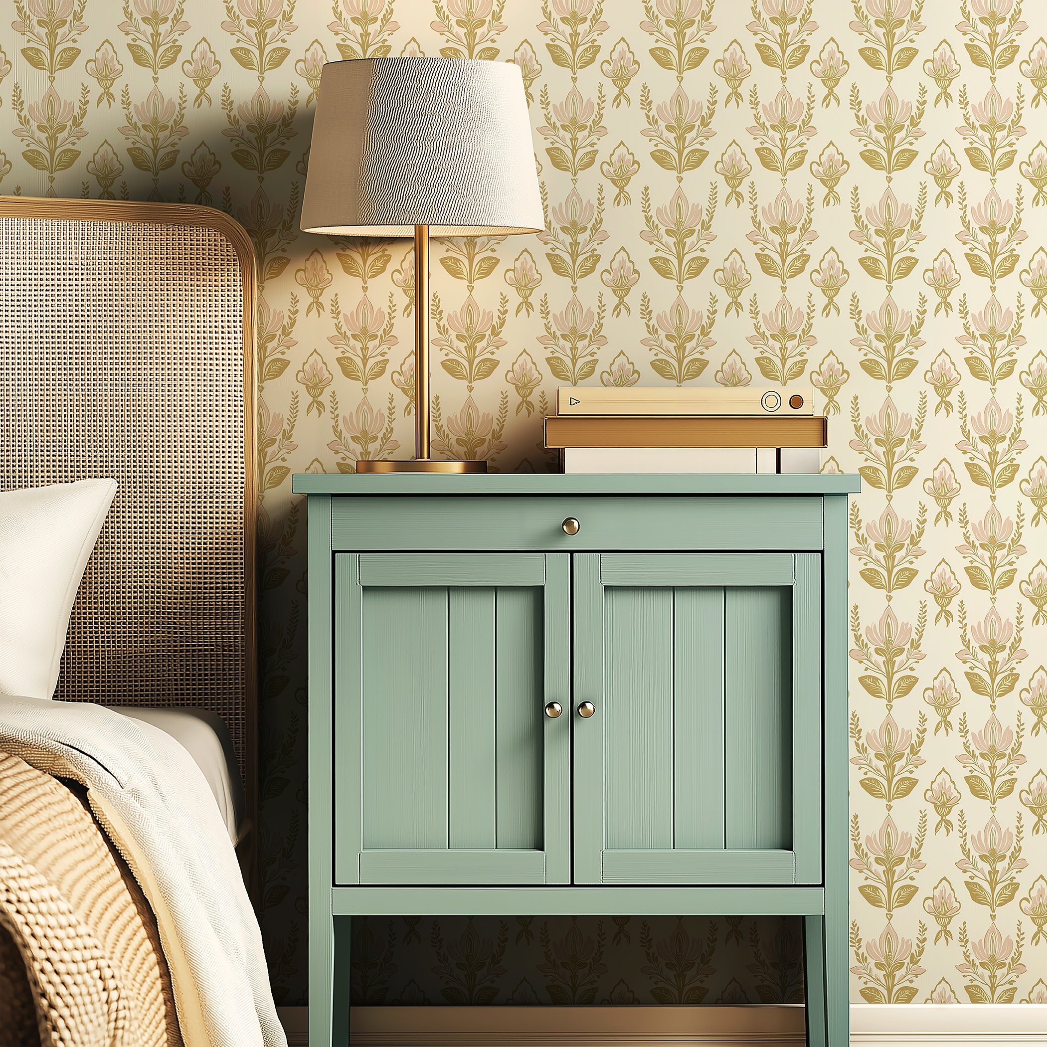 Vintage floral bouquet wallpaper with pink and tan damask pattern, enhancing a bedroom's timeless elegance with gold accents.