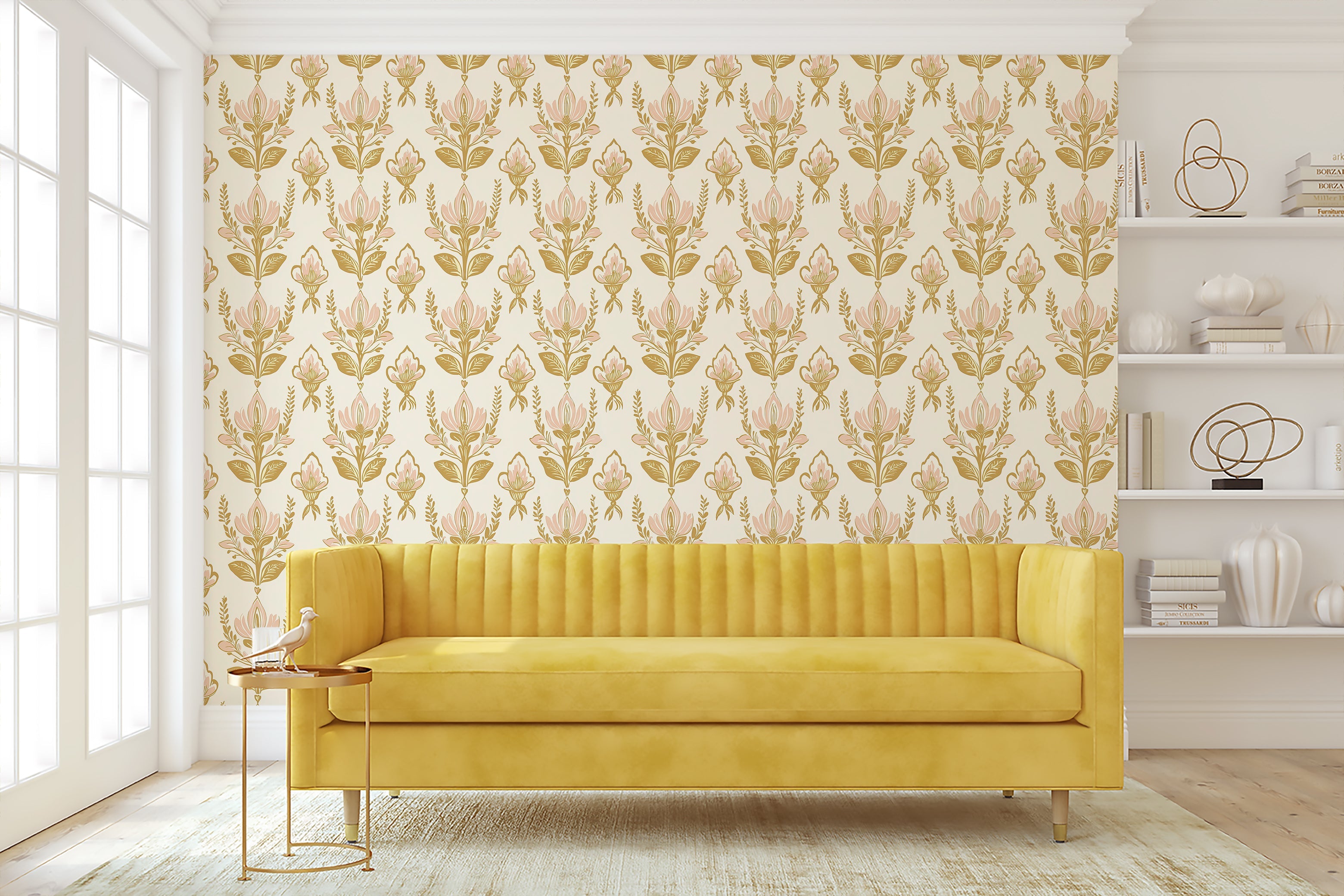 Vintage Floral Bouquet Wallpaper in blush pink and gold damask pattern on cream, transforming living space with timeless elegance.