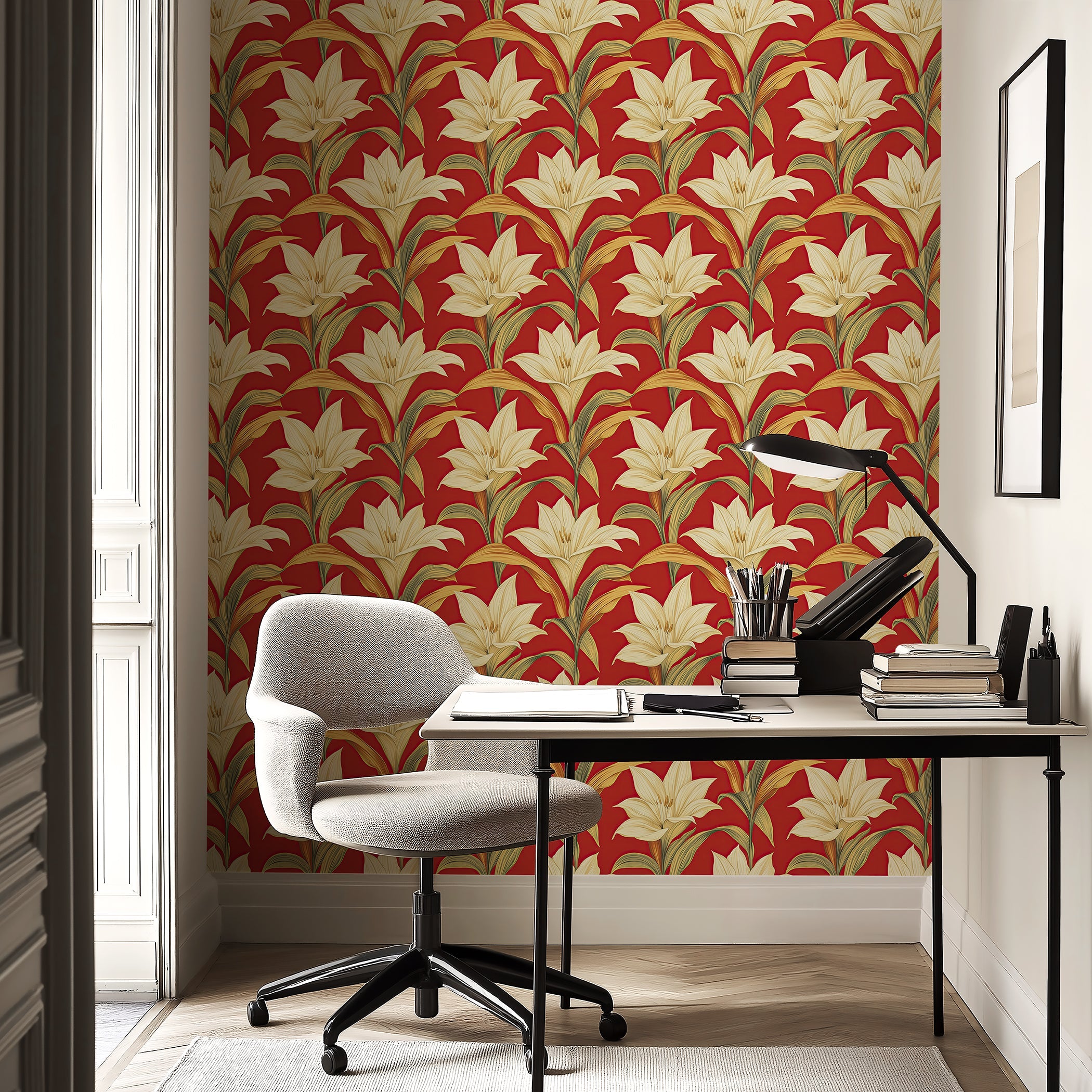 Modern wallpaper with golden-yellow lilies on a vibrant red background, perfect for contemporary or coastal themed living spaces.