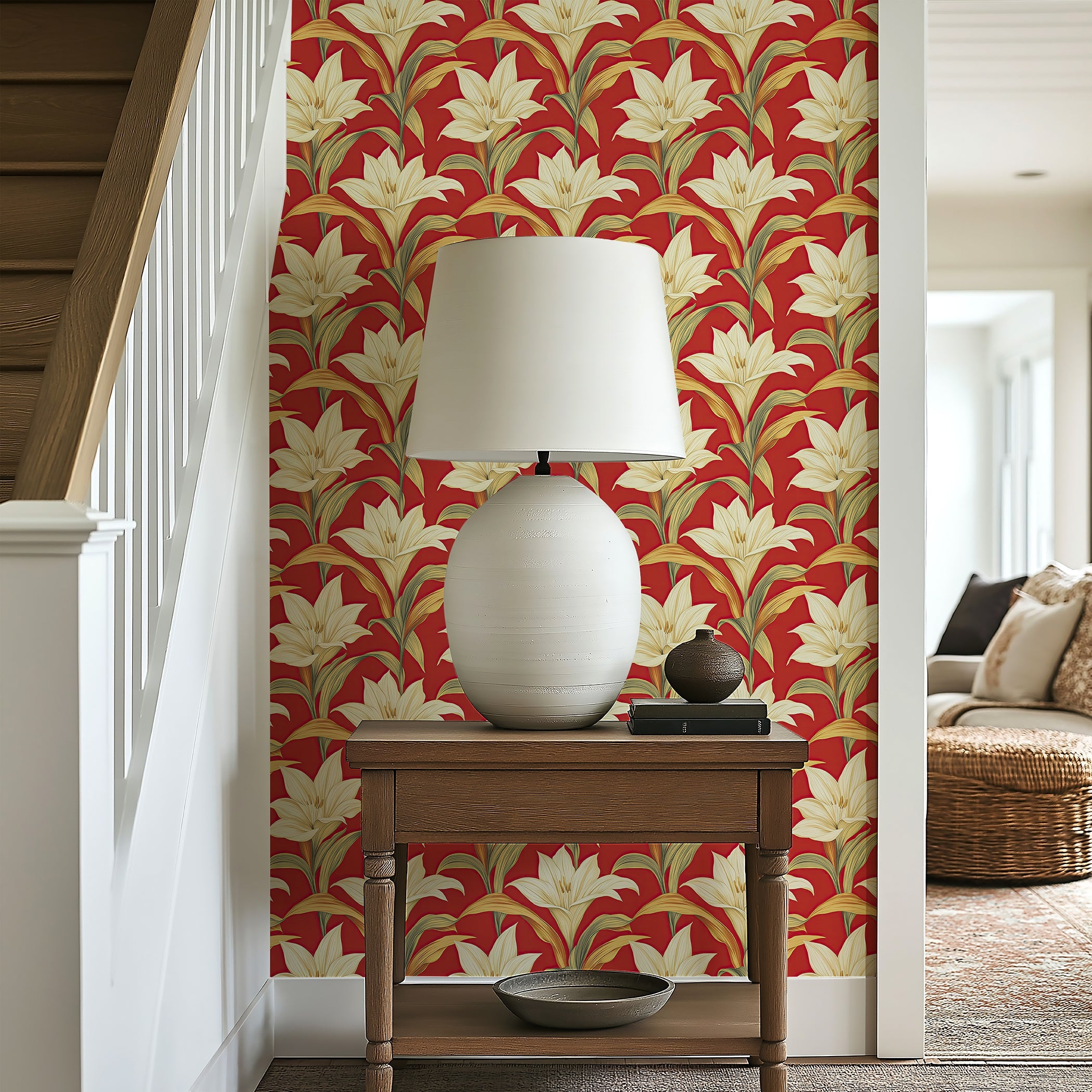 Sunlit Lily wallpaper with golden-yellow lilies on a red background, adding modern elegance to a cozy living space.