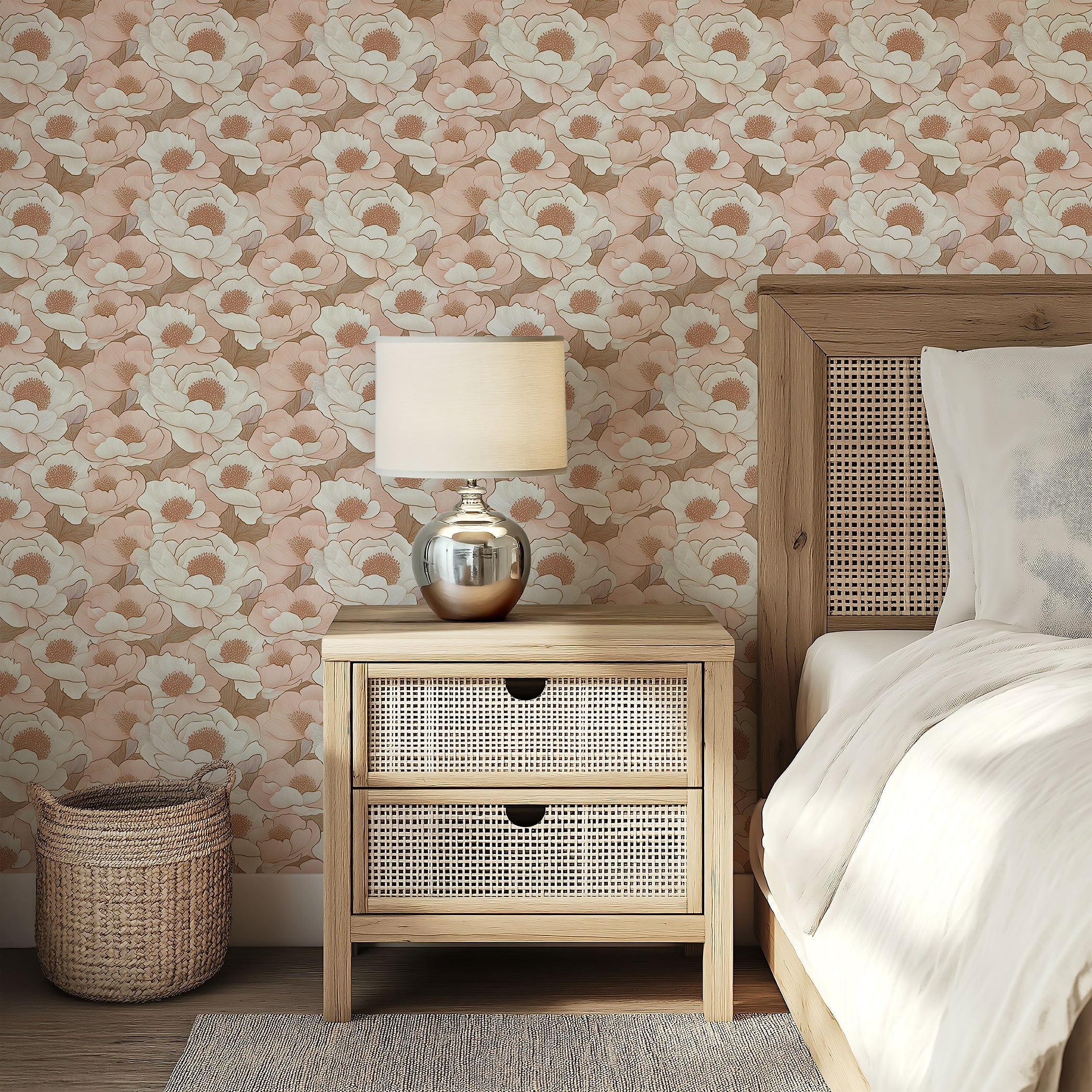Peach floral wallpaper with soft, monochromatic flowers in a serene bedroom setting, enhancing warmth and elegance. Keywords: florals, peach.
