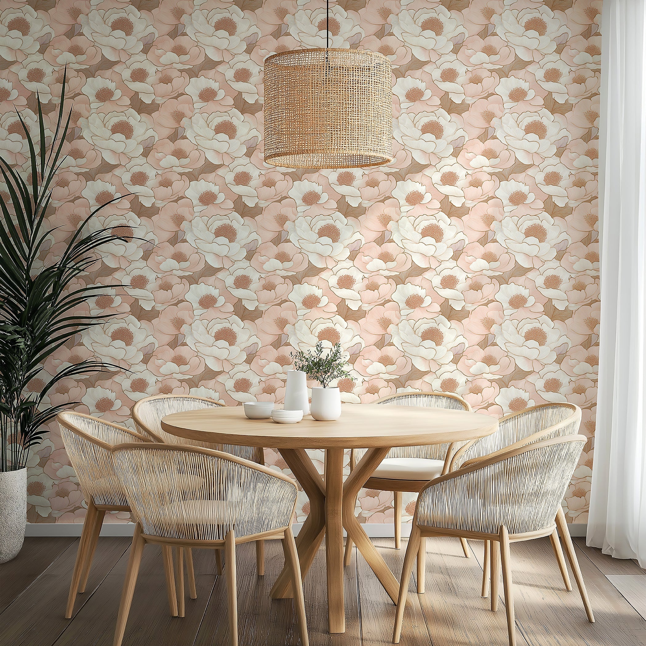 Monochrome peach floral wallpaper with white flowers, enhancing a serene dining area, perfect for adding elegance and warmth to any space.