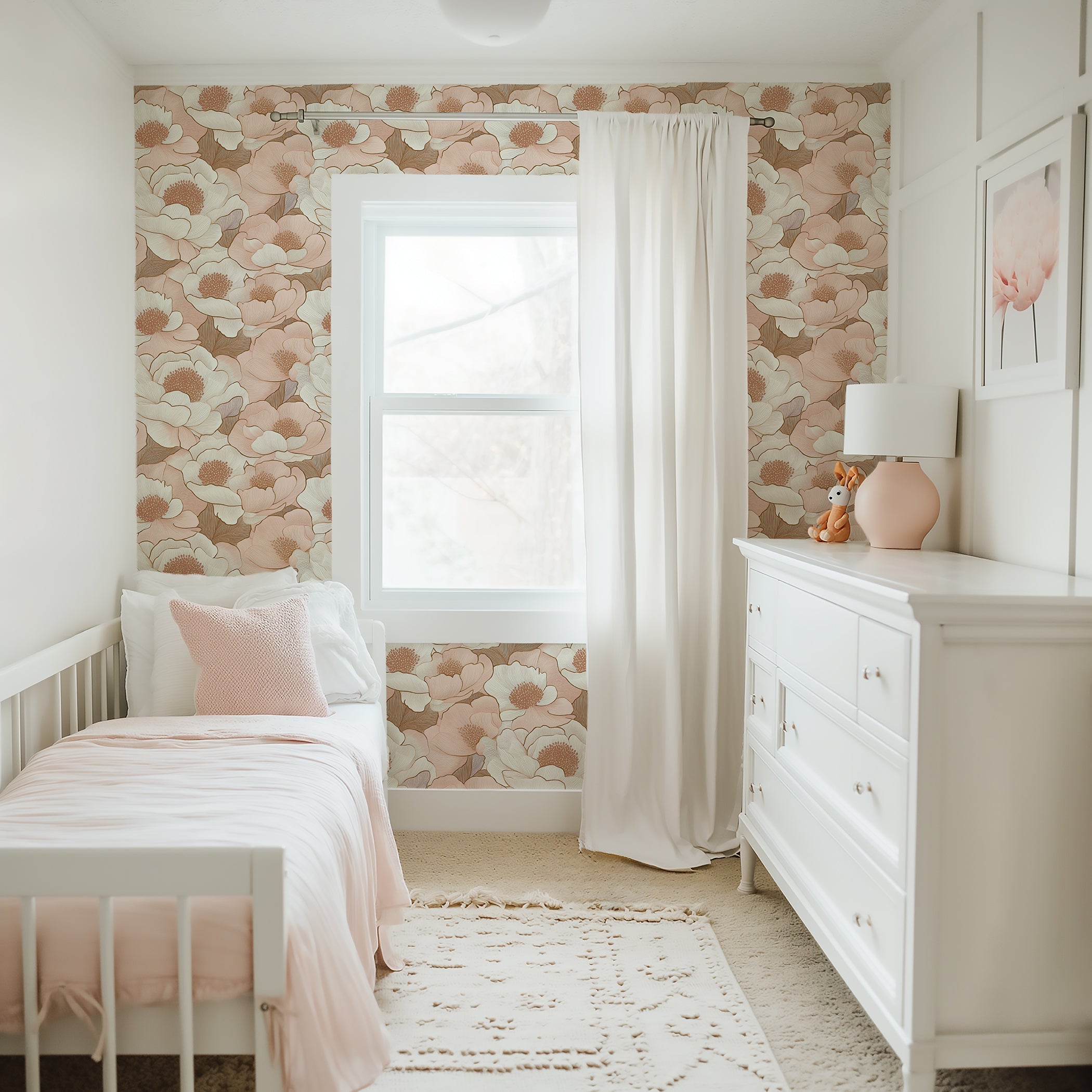 Peach Floral Serenity wallpaper in a serene nursery setting, featuring a soft monochromatic floral design with peach and white tones.