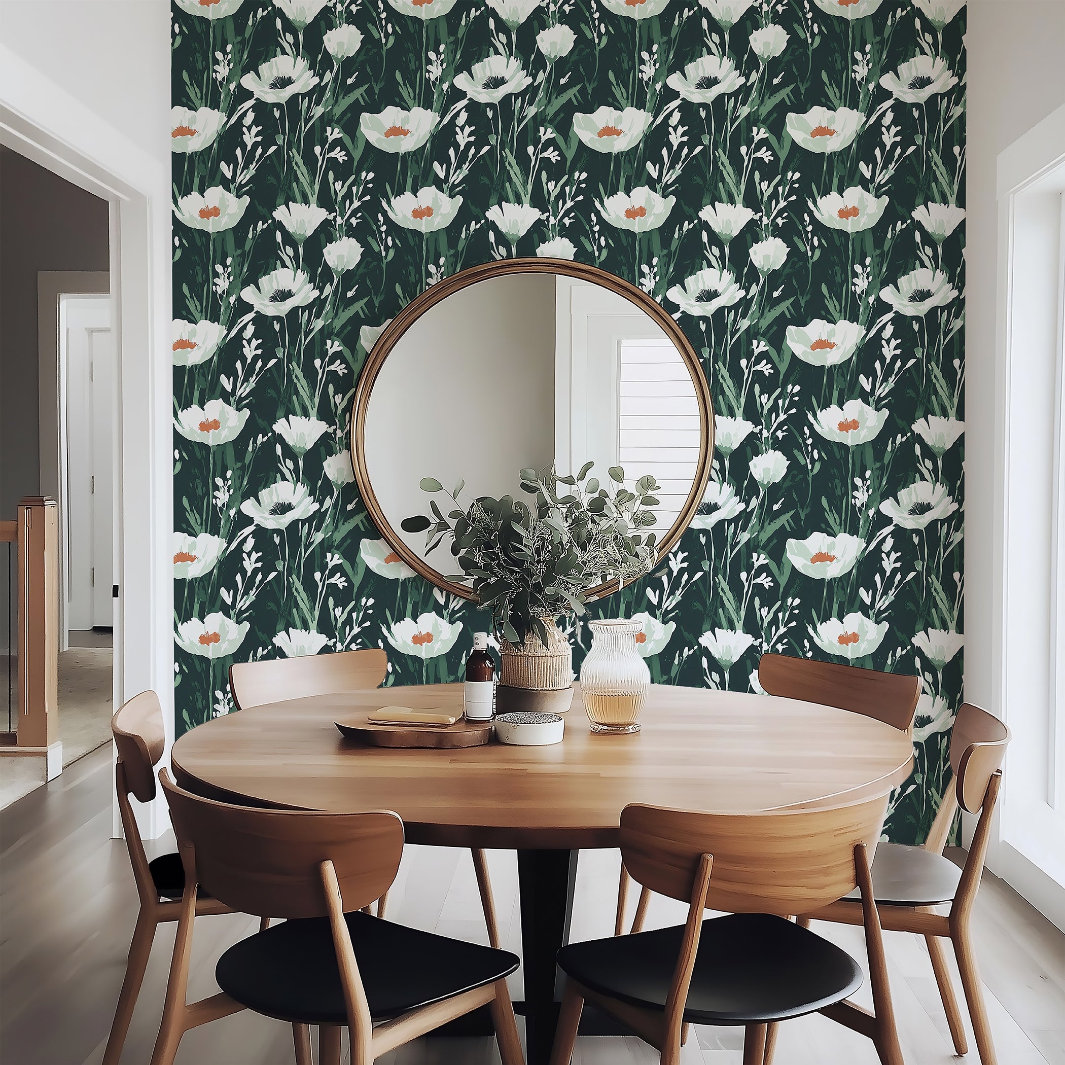 Dining room with Enchanted Woodland Floral wallpaper featuring wildflowers, green leaves, and white flowers.