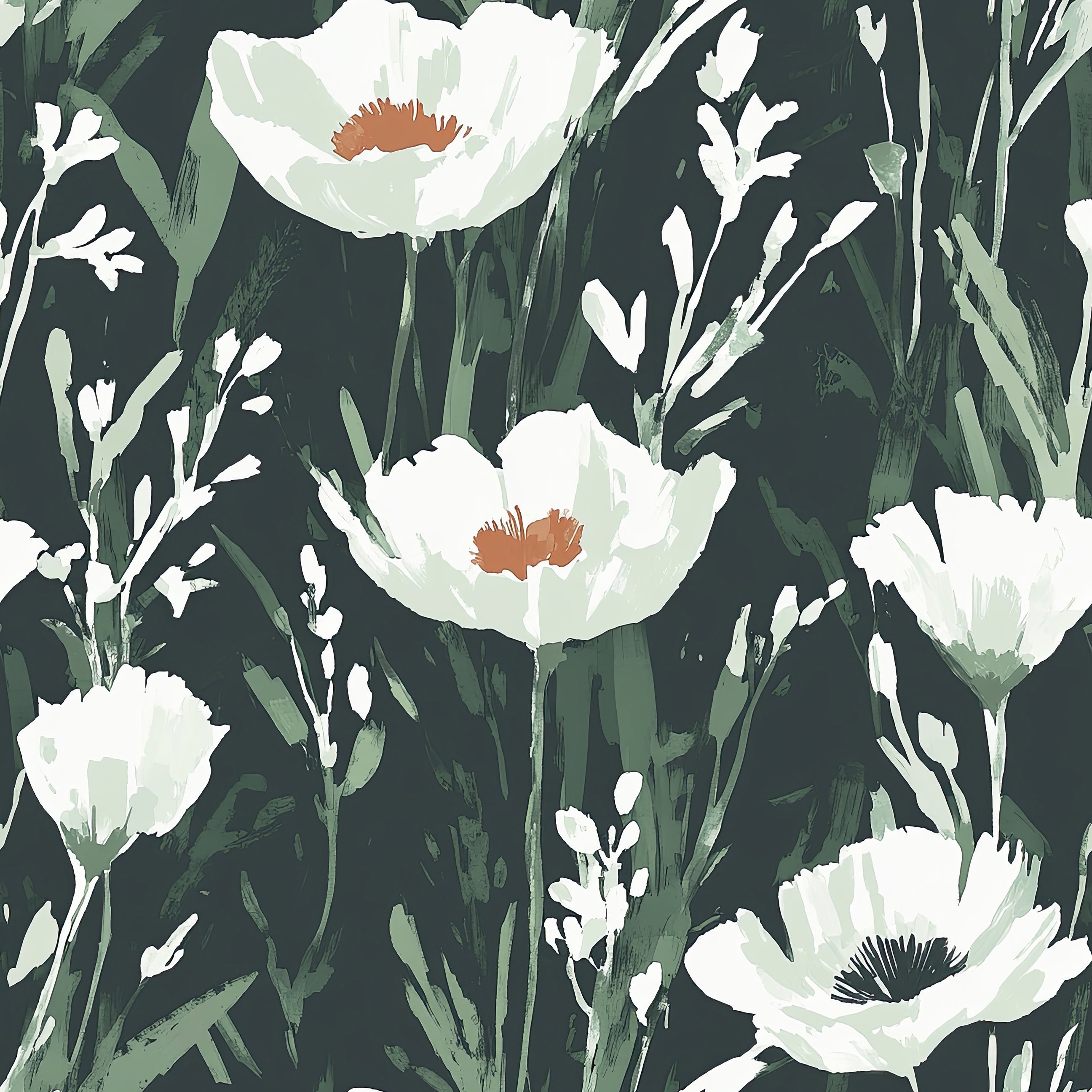 Enchanted Woodland Floral wallpaper featuring hand-brushed white wildflowers with green stems against a deep forest background.