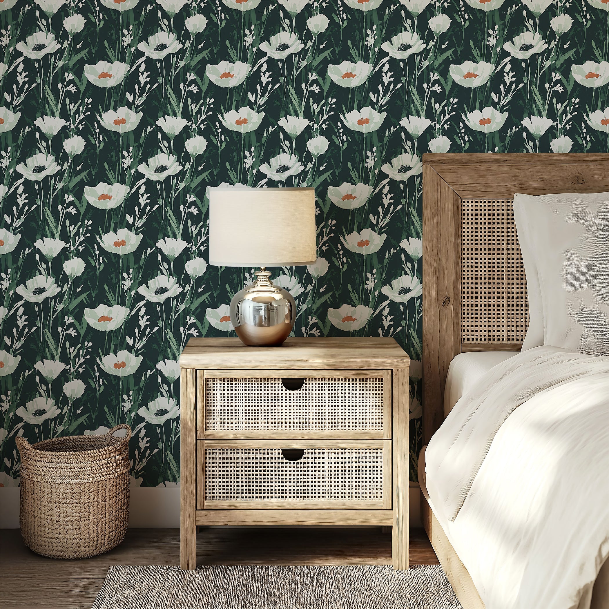 Enchanted Woodland Floral wallpaper featuring white wildflowers and green stems on a dark forest background in a cozy bedroom.