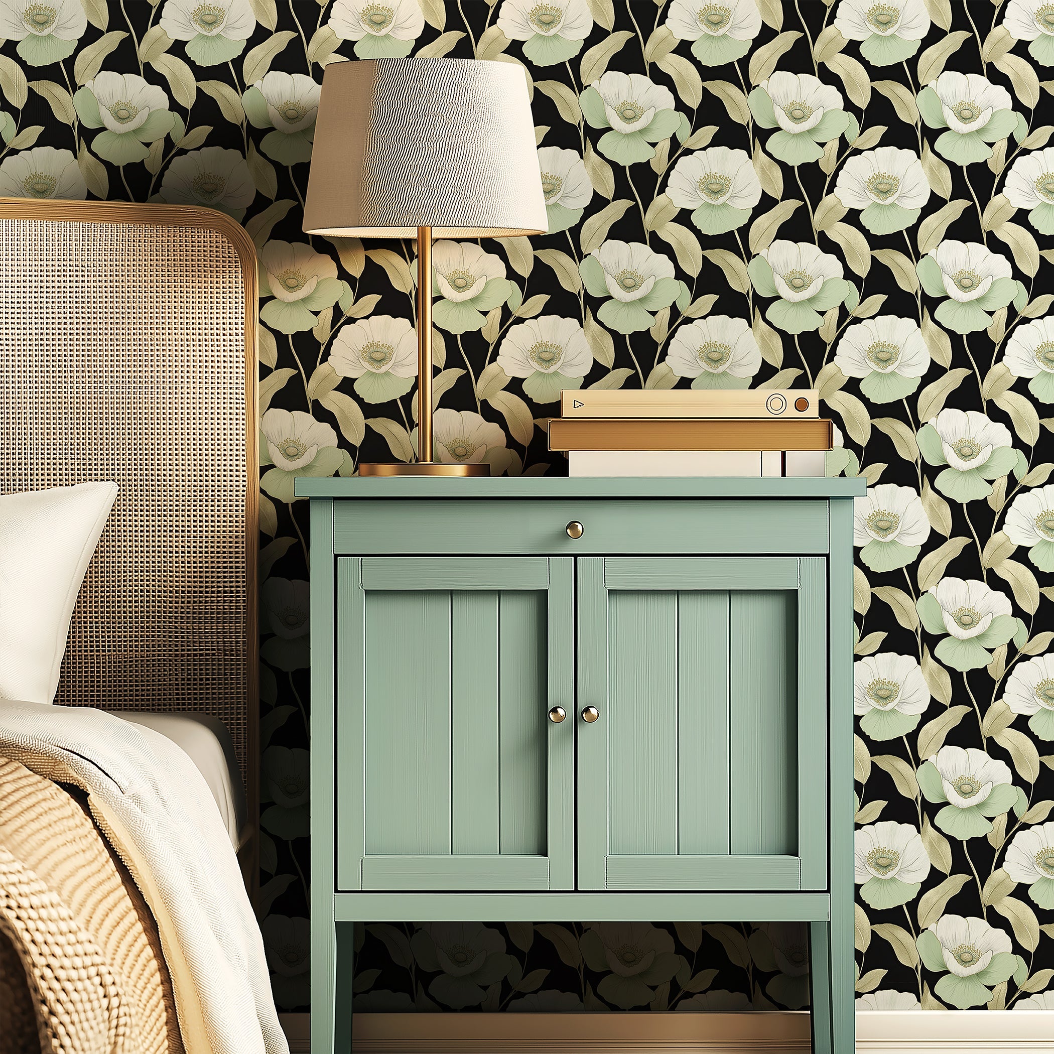 Botanical Luxe wallpaper featuring white and mint-green flowers on a black background, styled in a chic bedroom setting with a green cabinet.