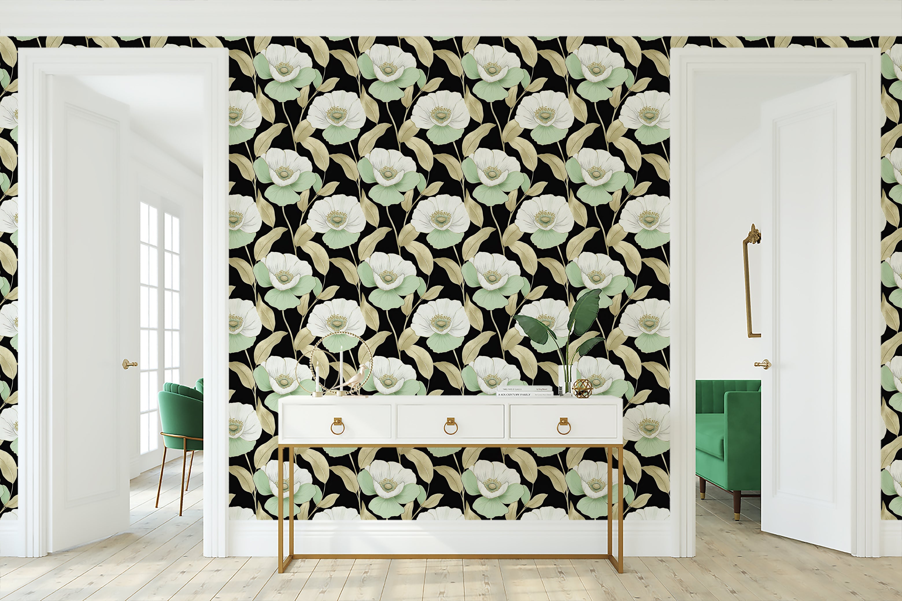 "Botanical Luxe on Black II floral wallpaper featuring white and mint-green flowers against a black background in an elegant room setting."