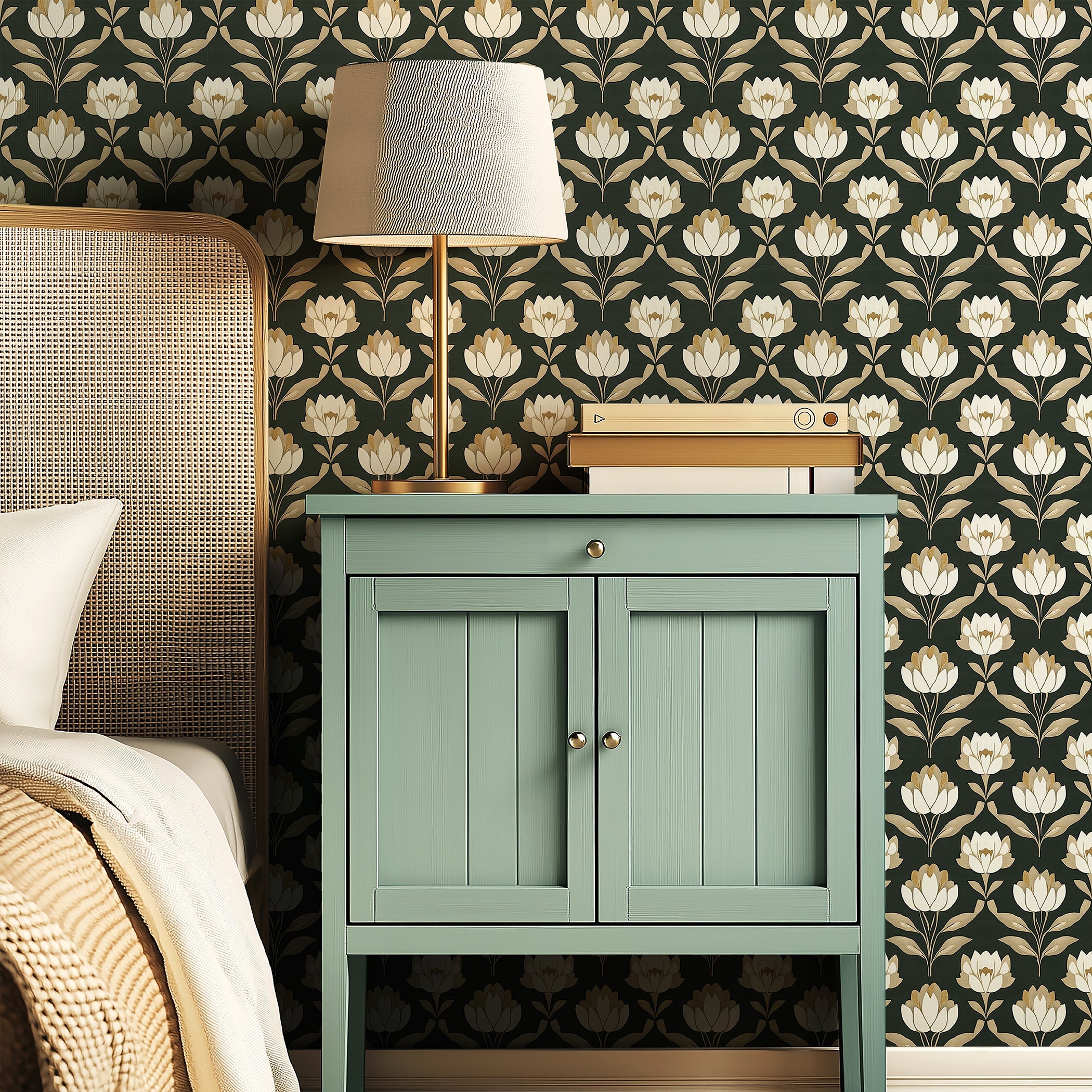 Art Nouveau floral wallpaper with ivory flowers on dark green, complementing vintage decor and bedside table in cozy room setting.