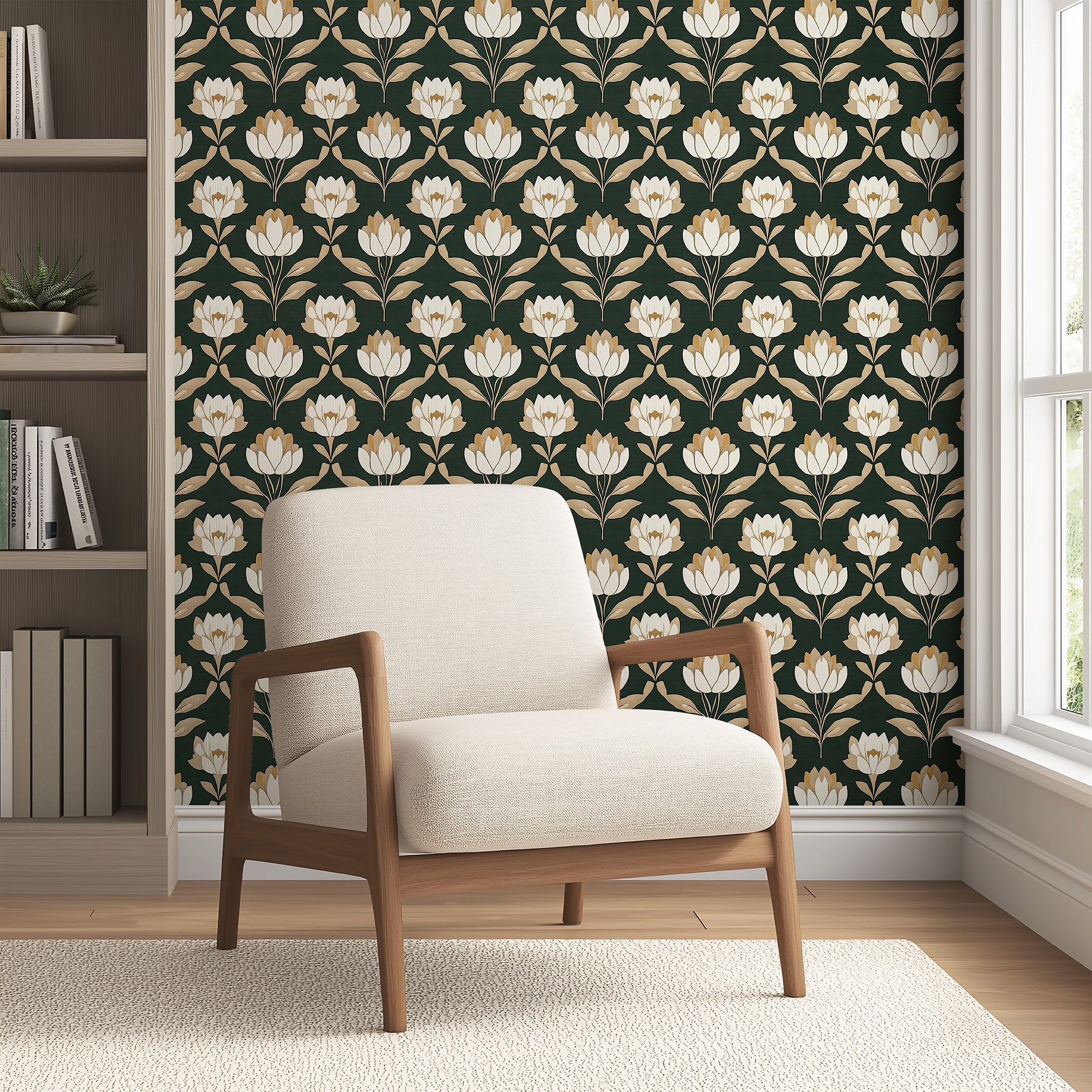 Golden Heritage Floral wallpaper with ivory and gold flower patterns on dark green background, embodying art nouveau and art deco styles.