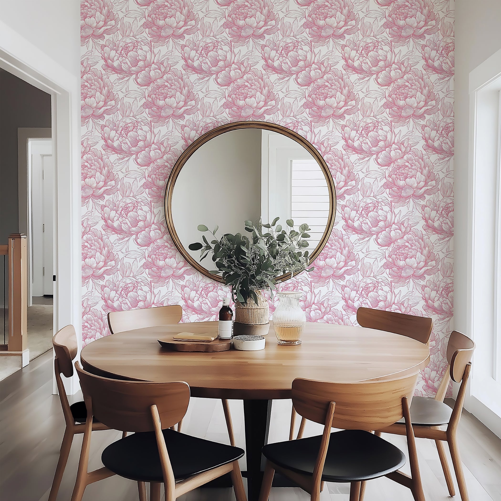 Dining room with Romantic Peony Sketch wallpaper featuring pink peonies on white, enhancing monochrome decor with vintage flair.
