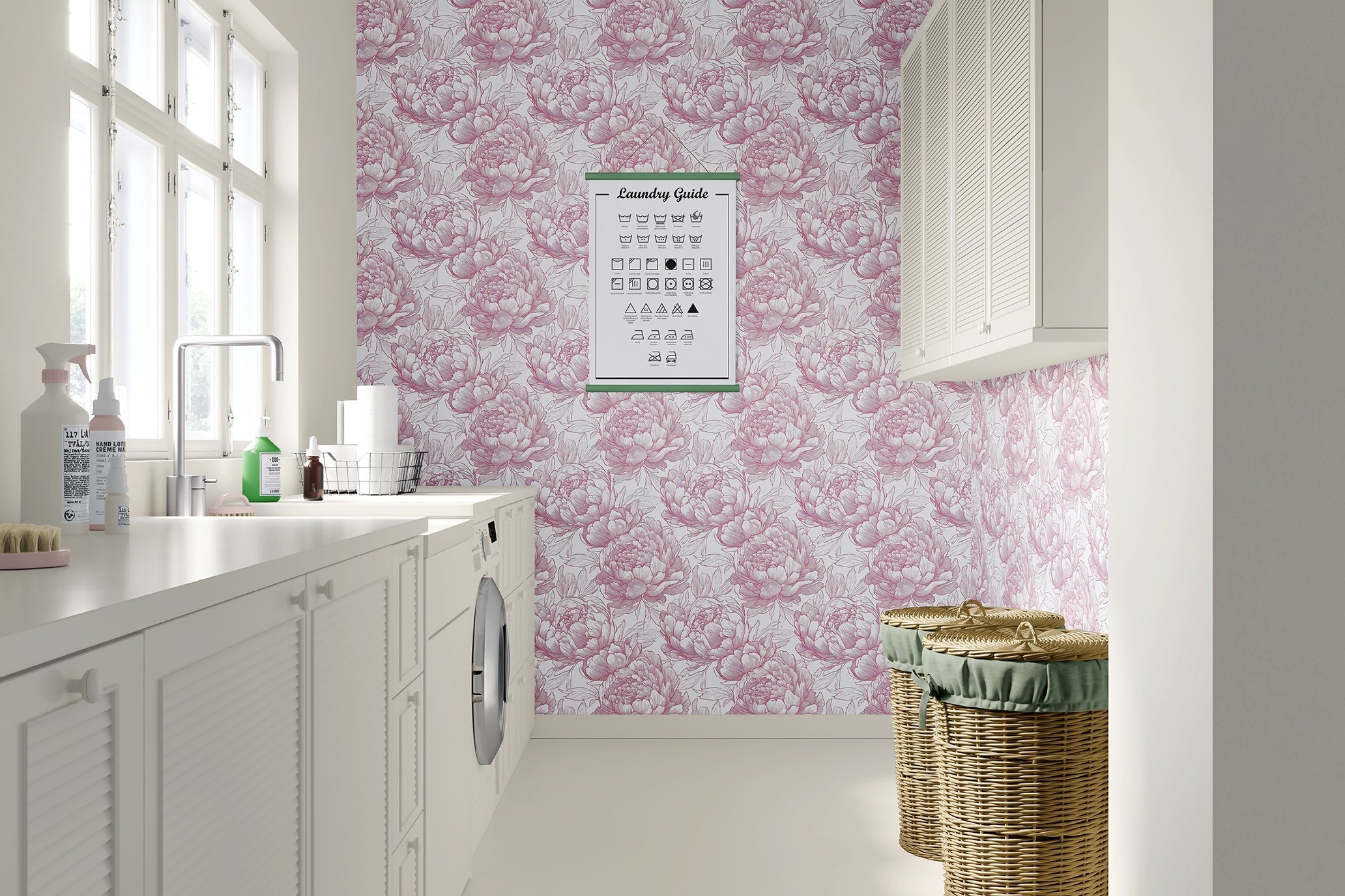 Kitchen with Romantic Peony Sketch Wallpaper featuring red and pink peony flowers on a white wall, adding a vintage-modern charm.