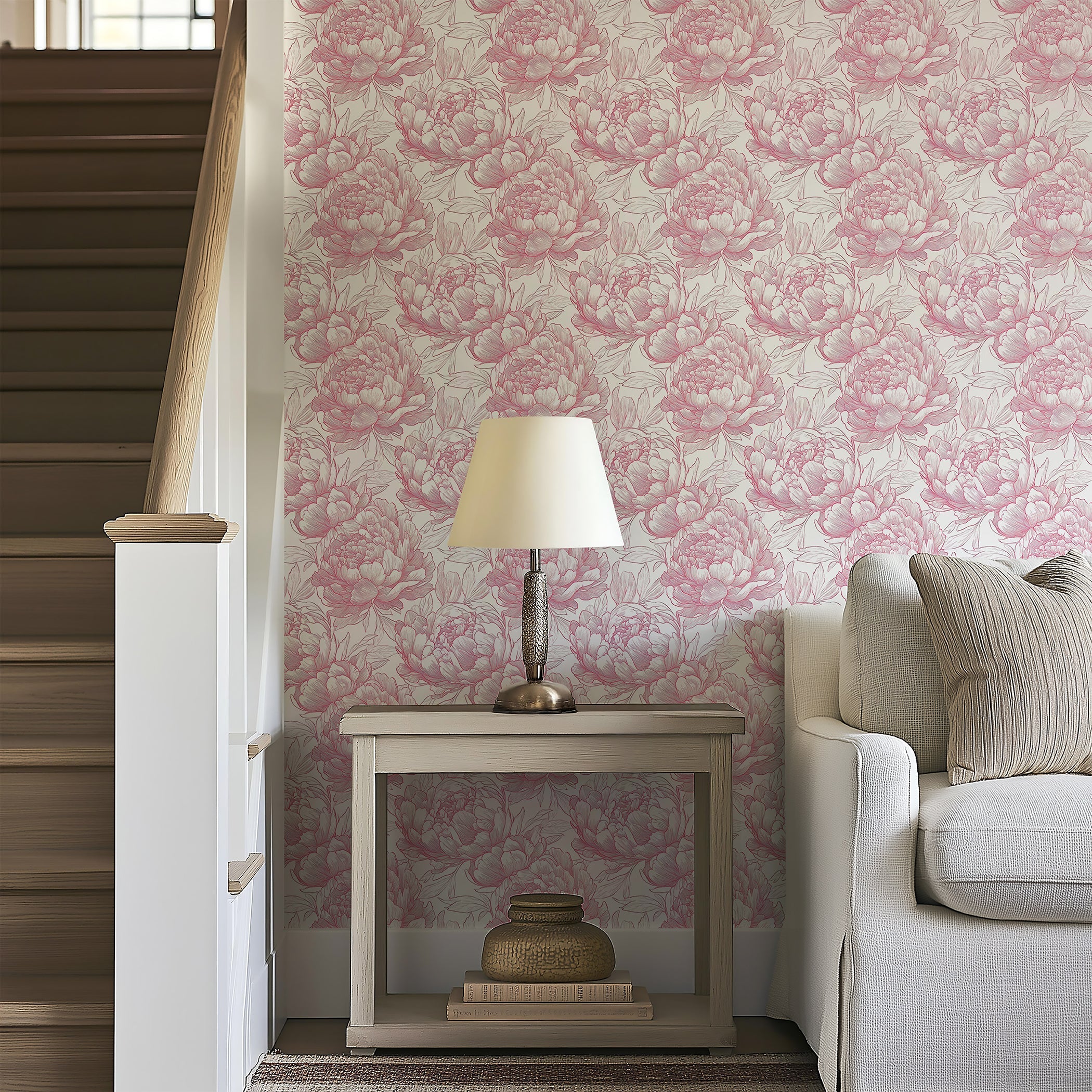 Romantic Peony Sketch wallpaper with pink peony flowers on a white background enhances modern vintage decor, featuring monochrome elegance.
