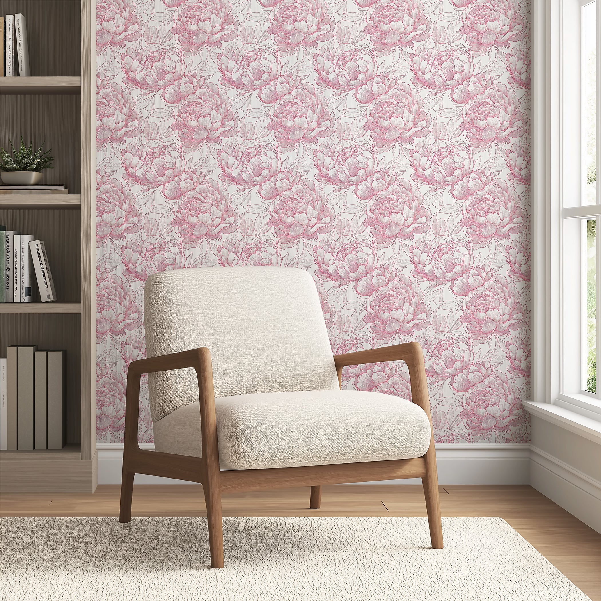 Romantic Peony Sketch Wallpaper featuring delicate pink and red peonies on a white background, enhancing a modern living room decor.