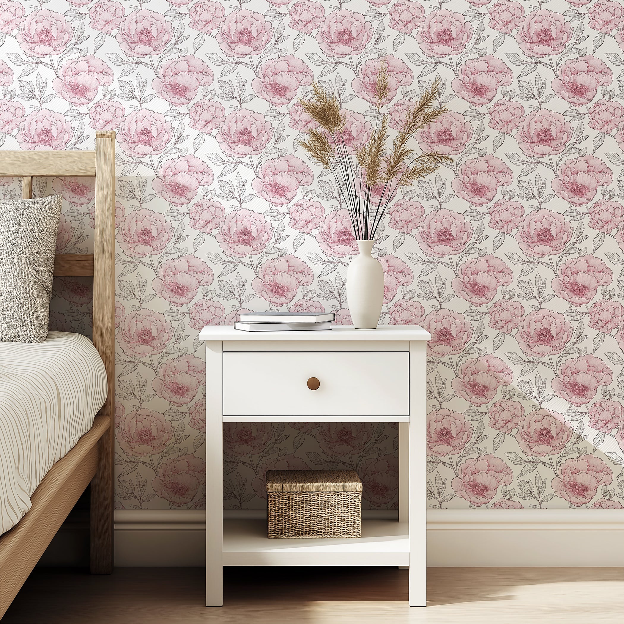 Pink and white peony floral wallpaper in a bedroom with a nightstand and vase.