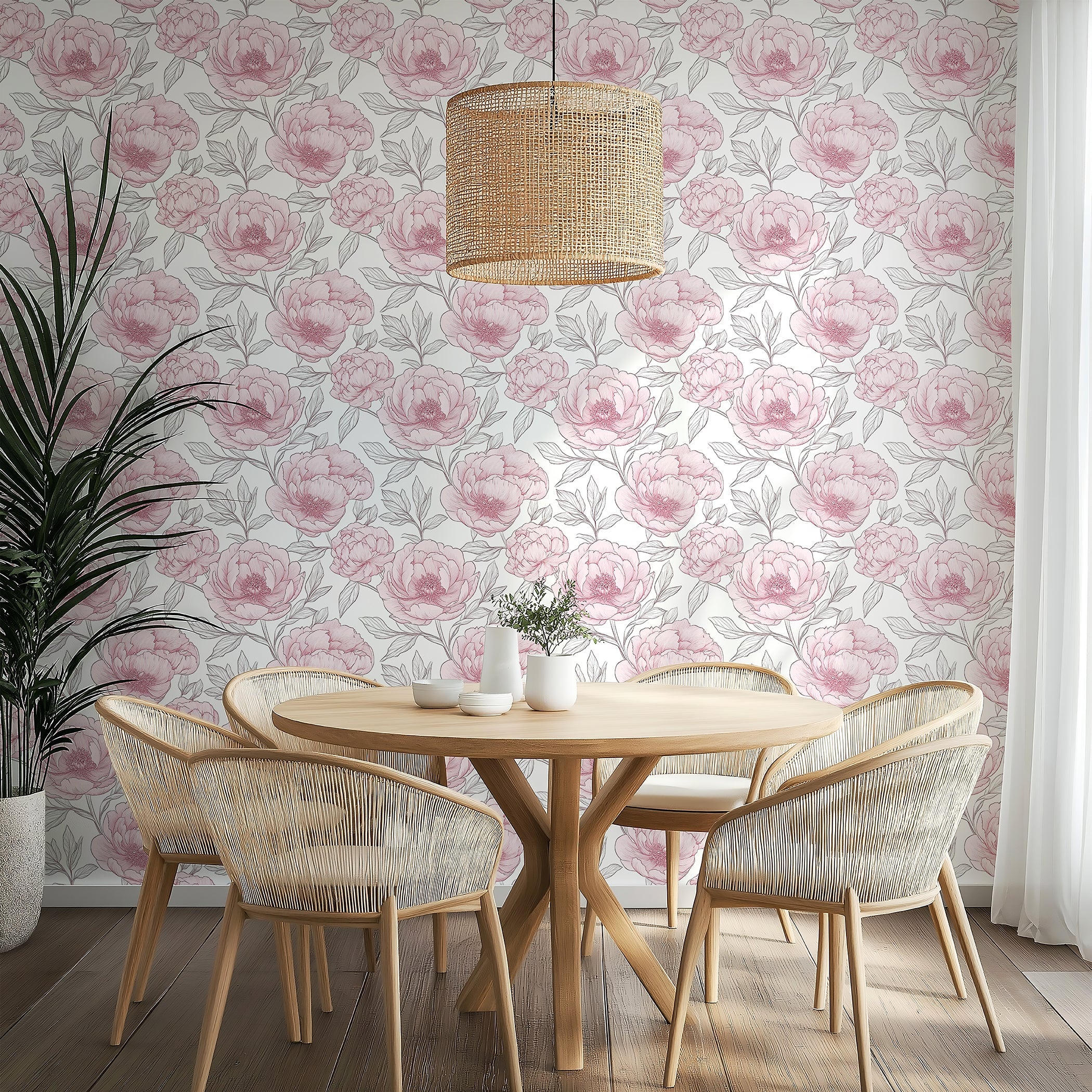 Dining room with Romantic Peony Sketch II Wallpaper featuring pink and white peonies, highlighting monochromatic floral elegance.