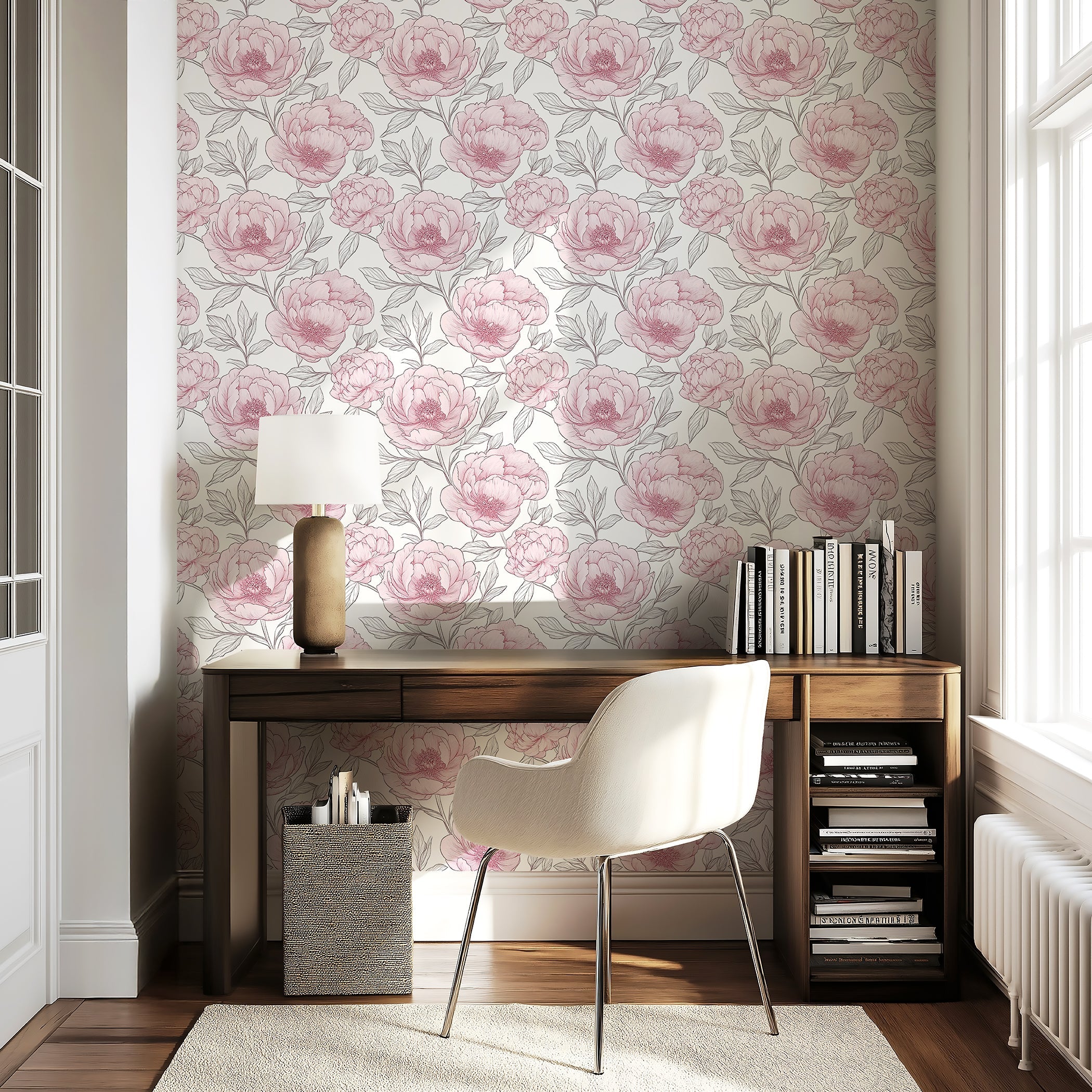 Romantic Peony Sketch II Wallpaper with soft pink peonies, monochrome design, enhancing a cozy home office setting.
