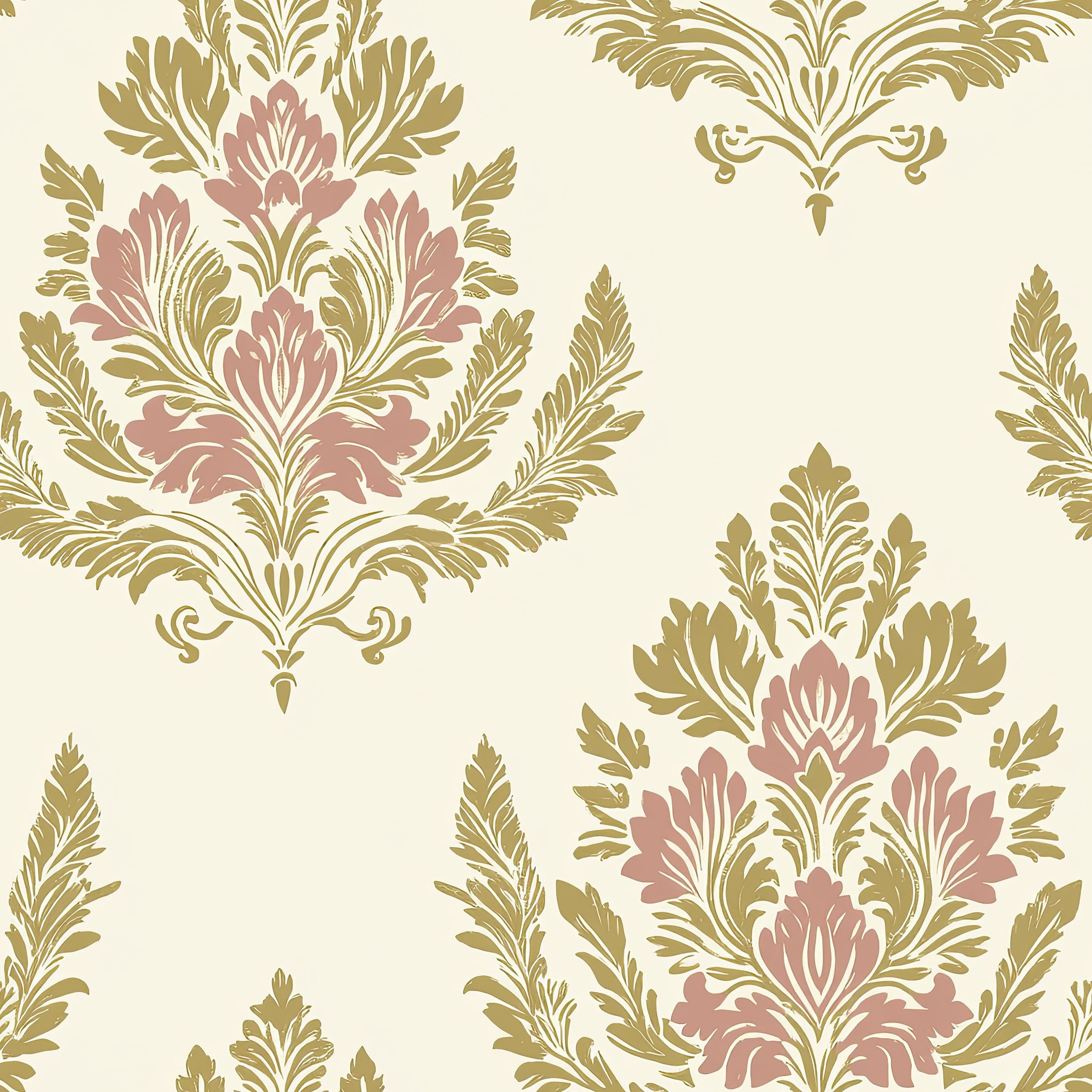 Regal Rose Crest wallpaper with floral damask pattern, featuring pink and gold tones, ideal for elegant and vintage-inspired interiors.