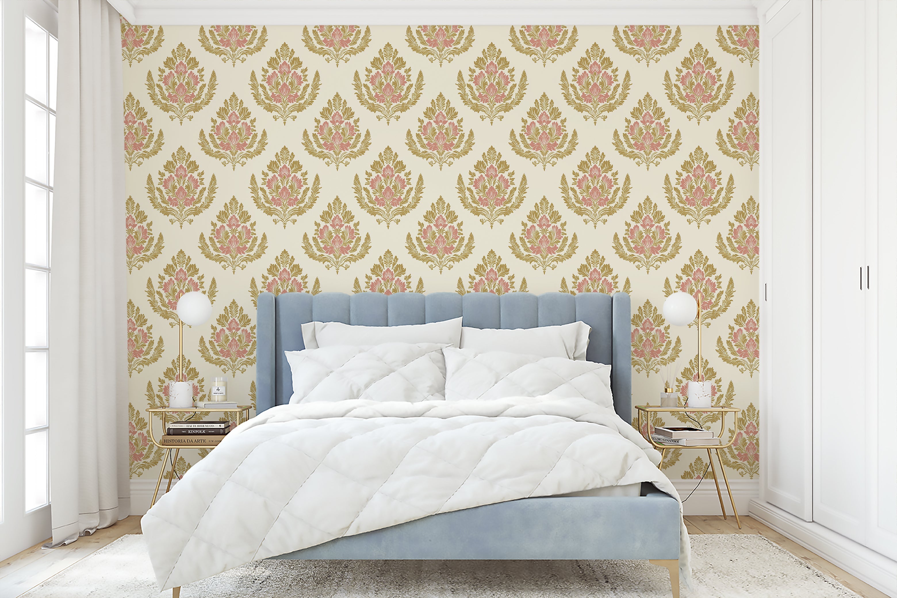 Royal Rose Crest wallpaper in a bedroom with floral damask pattern, featuring pink and gold tones on a tan background, creating vintage elegance.
