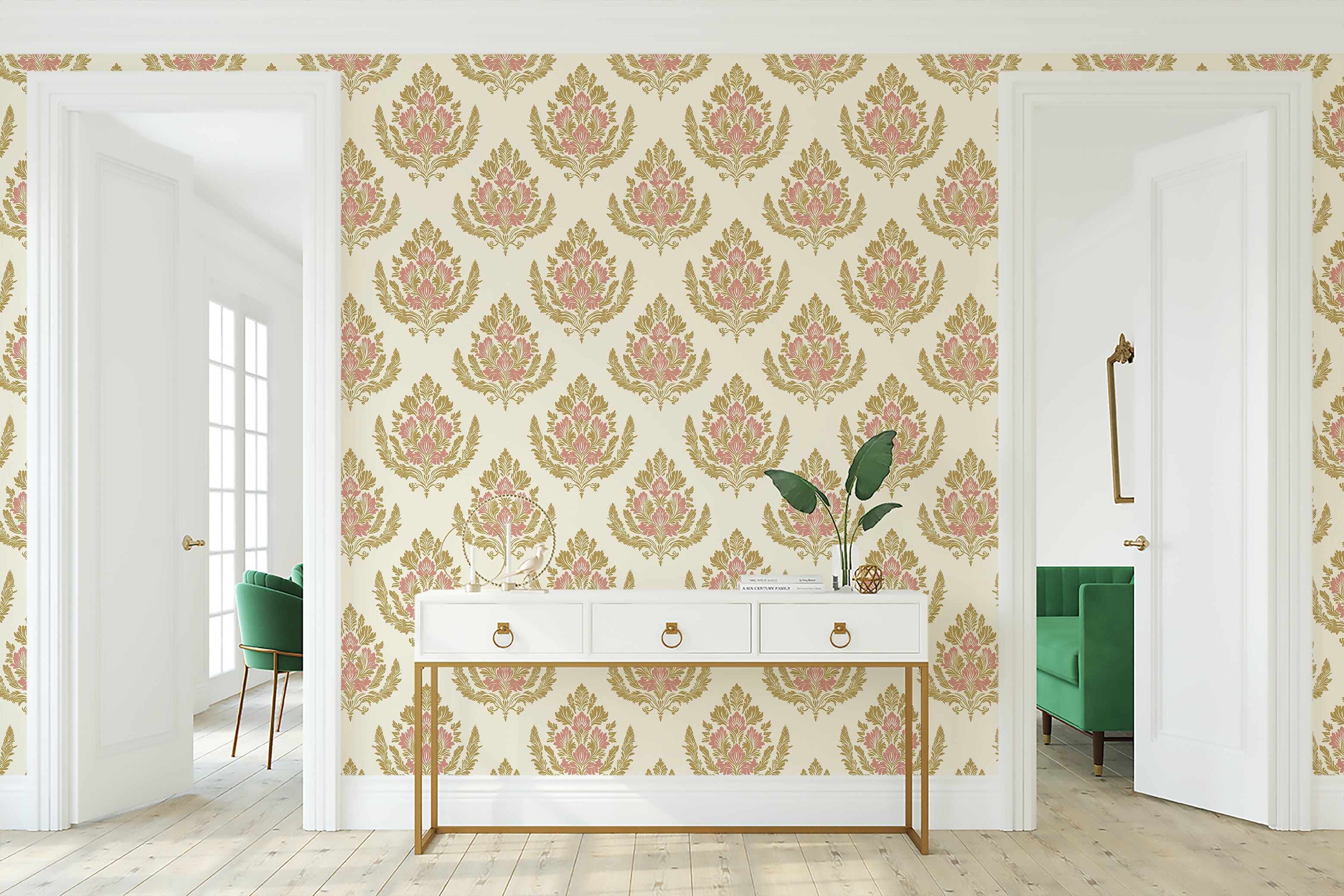 Royal Rose Crest wallpaper with pink floral damask, gold accents, perfect for a vintage, retro style; elegant and sophisticated decor.