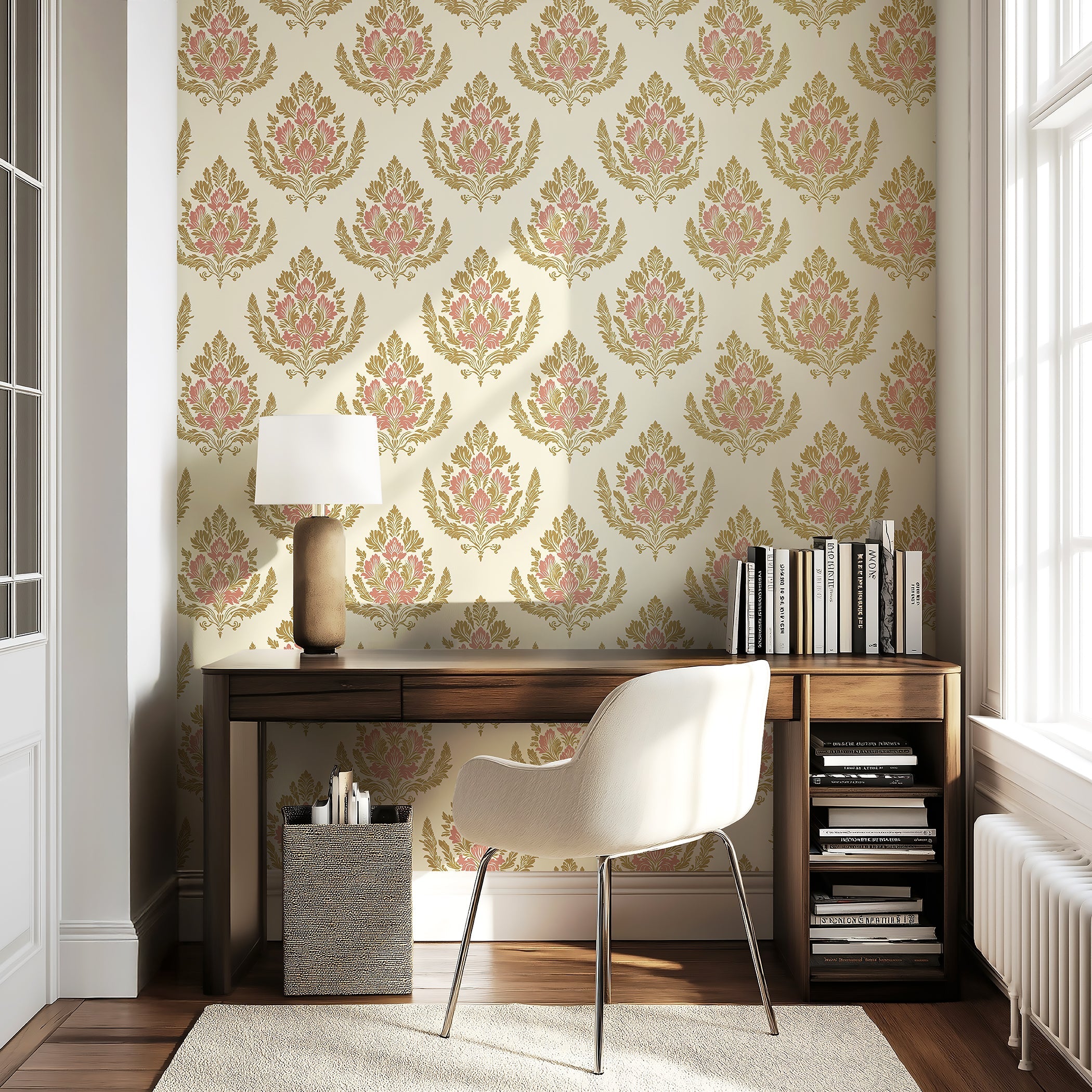 Elegant room with Royal Rose Crest floral damask wallpaper in pink, gold, and tan, featuring a classic and retro vintage design.