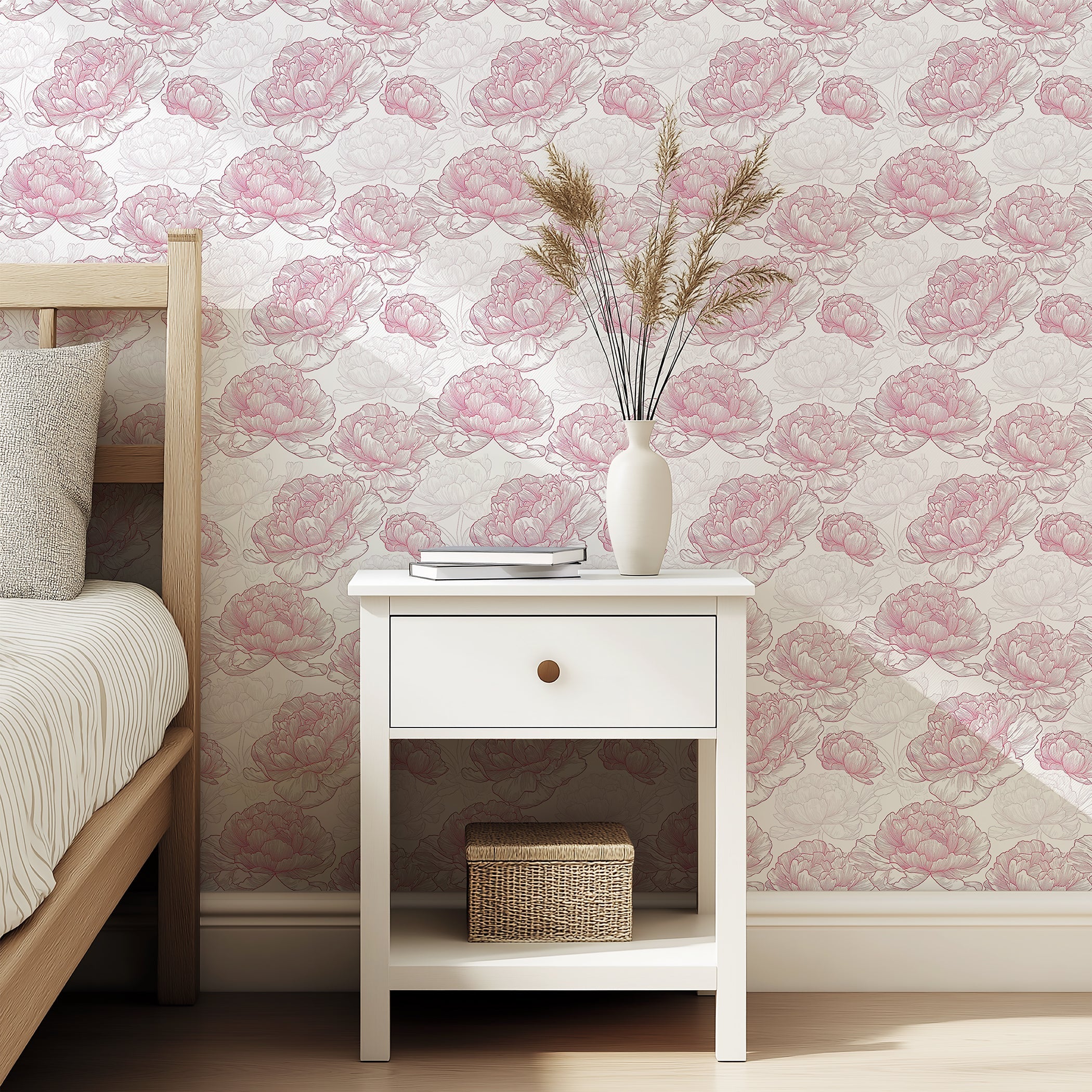 Ethereal Peony Charm Wallpaper featuring hand-drawn peonies in blush and ivory on bedroom wall, creating a modern monochromatic look.