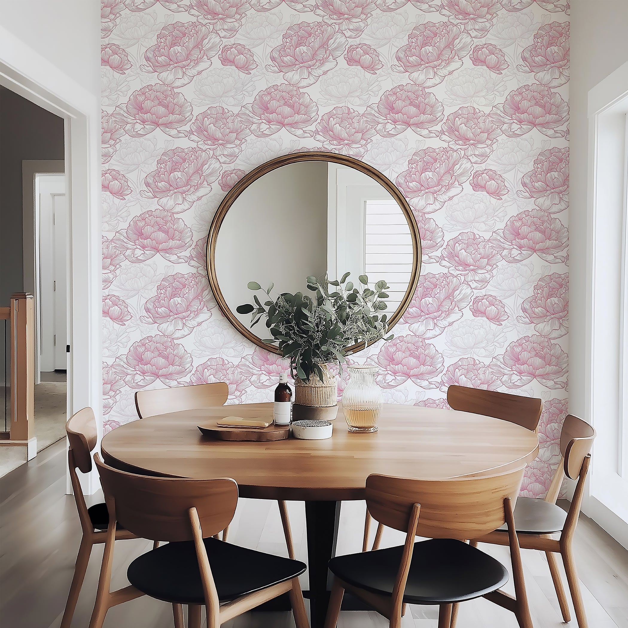 Modern dining area with Ethereal Peony Charm wallpaper featuring monochrome peony flowers in blush and ivory tones.