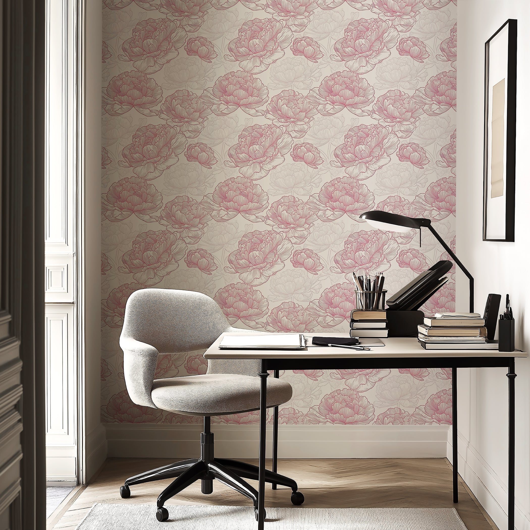 Stylish office with wallpaper featuring blush and ivory hand-drawn peonies, blending modern monochrome design with elegance and sophistication.