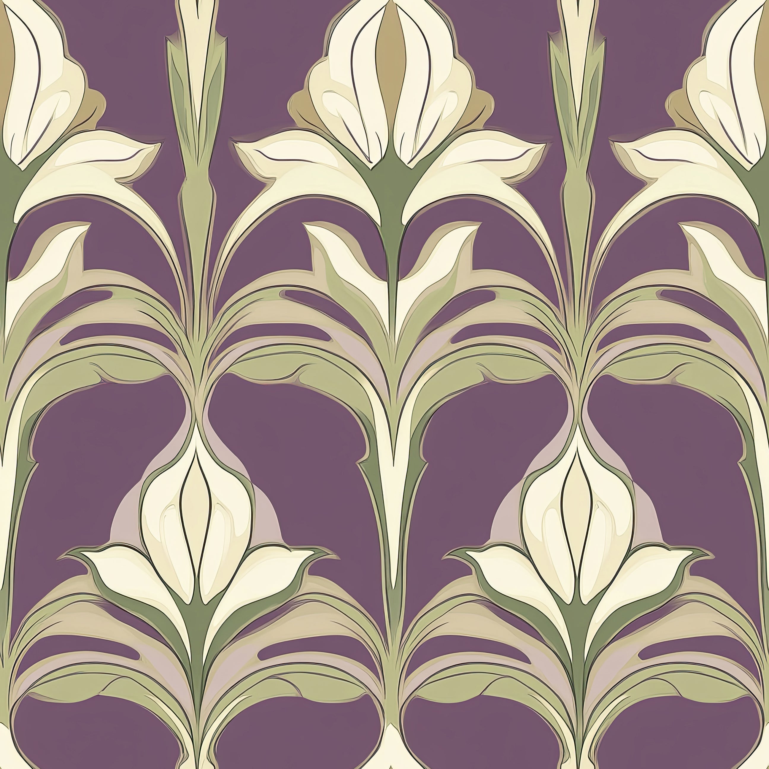 Ornate Art Nouveau wallpaper with floral patterns in ivory and sage on a purple damask background. Keywords: art nouveau, flowers, wallpaper.