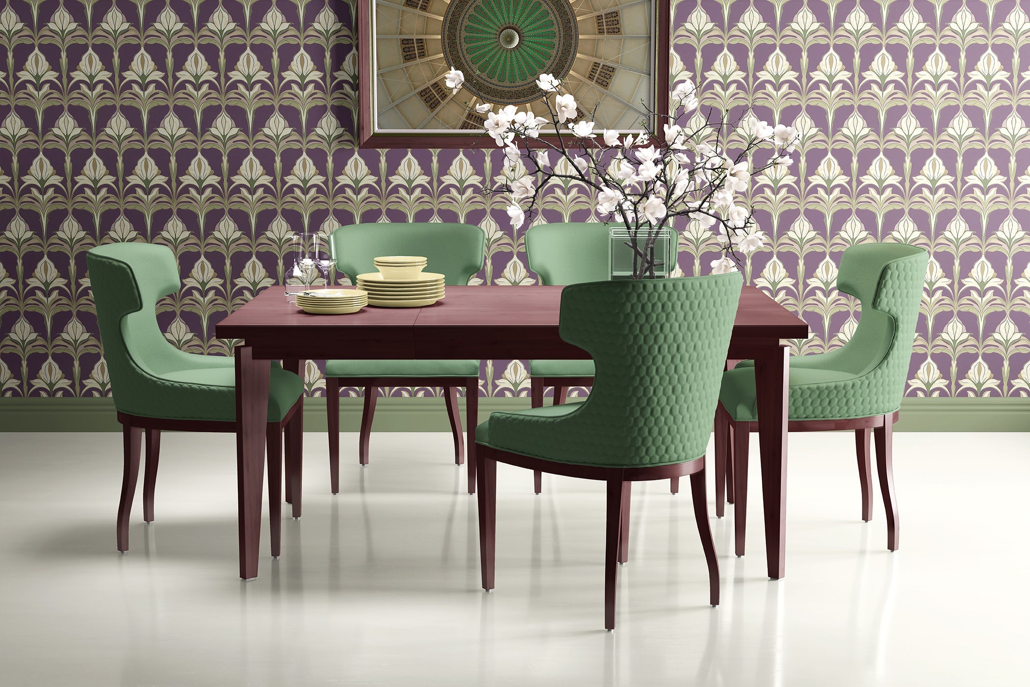 Dining room with ornate Art Nouveau wallpaper featuring purple damask floral pattern and stylish green chairs.