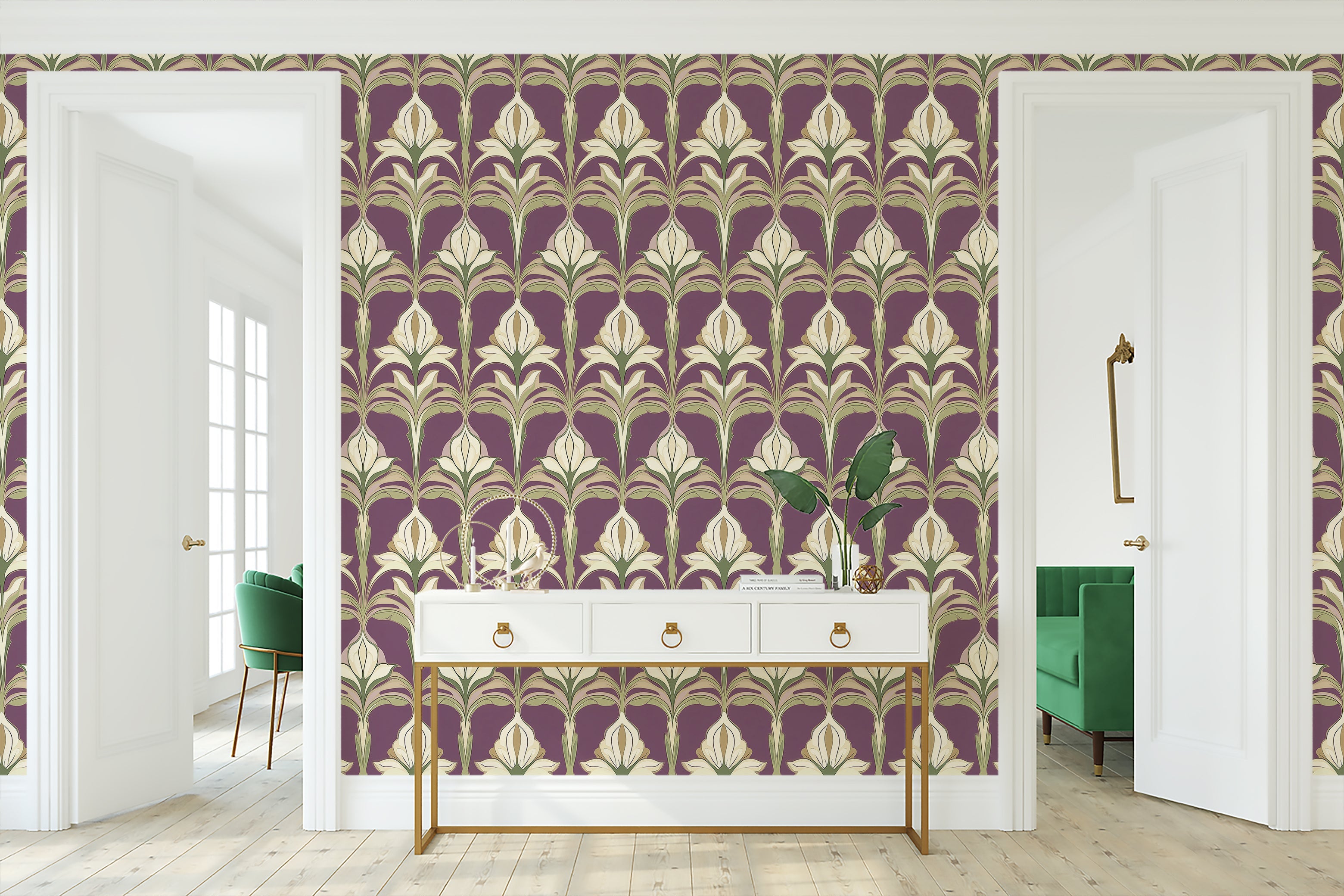 Art Nouveau floral wallpaper in purple with ivory and sage green damask patterns, enhancing a vintage room decor style.