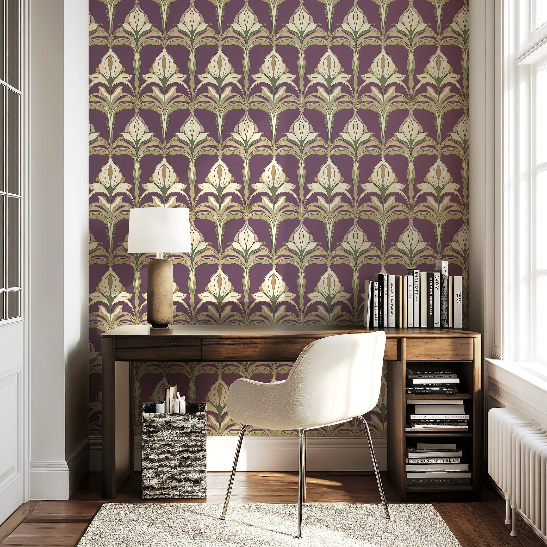 Art Nouveau floral wallpaper in ivory and sage on a plum background, enhancing a study room with vintage elegance.