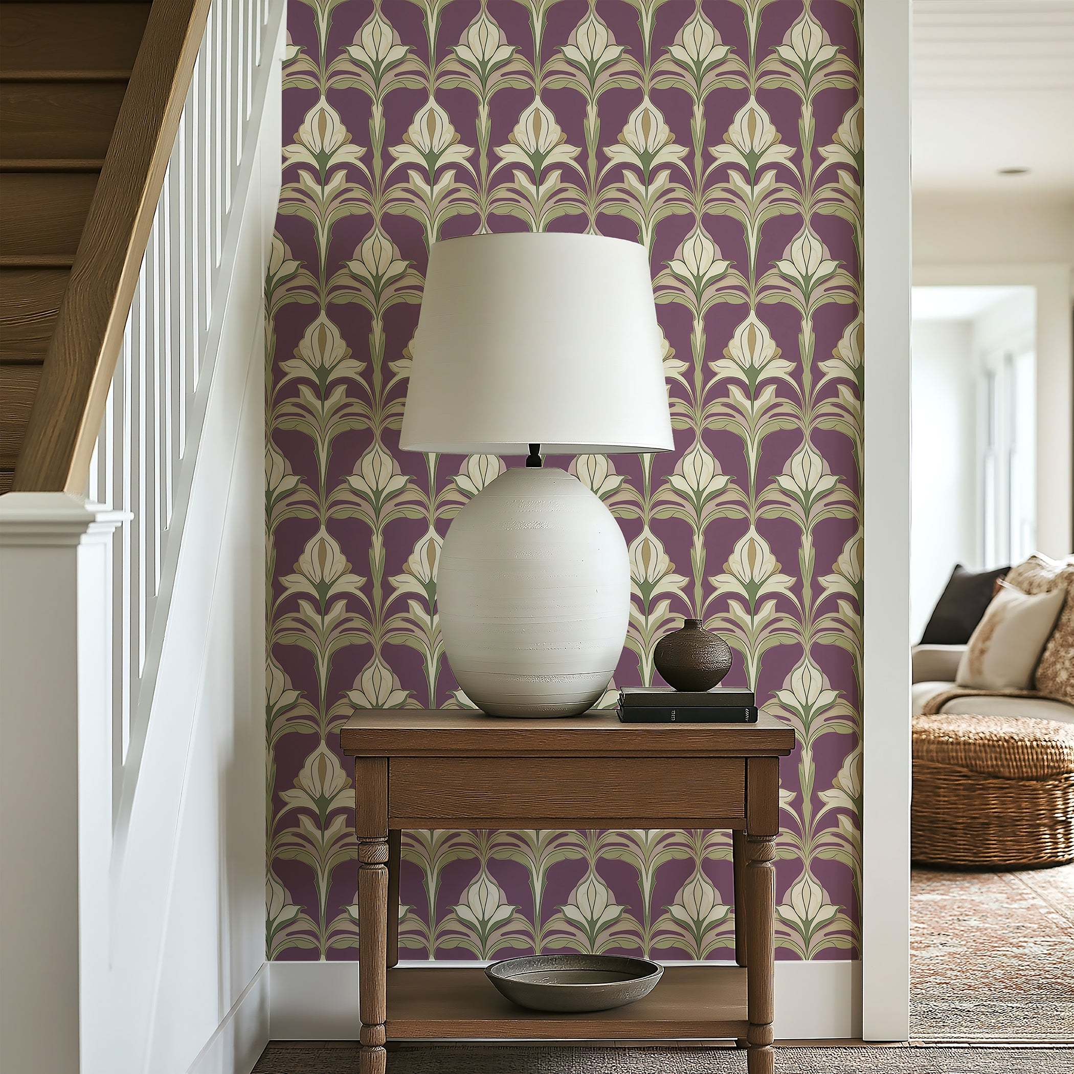 Ornate Art Nouveau Garden wallpaper with purple damask floral design in hallway
