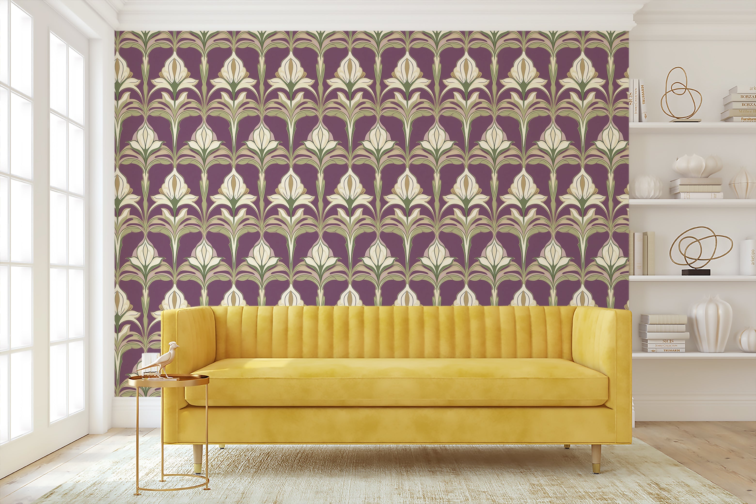 Art Nouveau Garden wallpaper with floral damask pattern in ivory and sage on plum background behind yellow sofa.