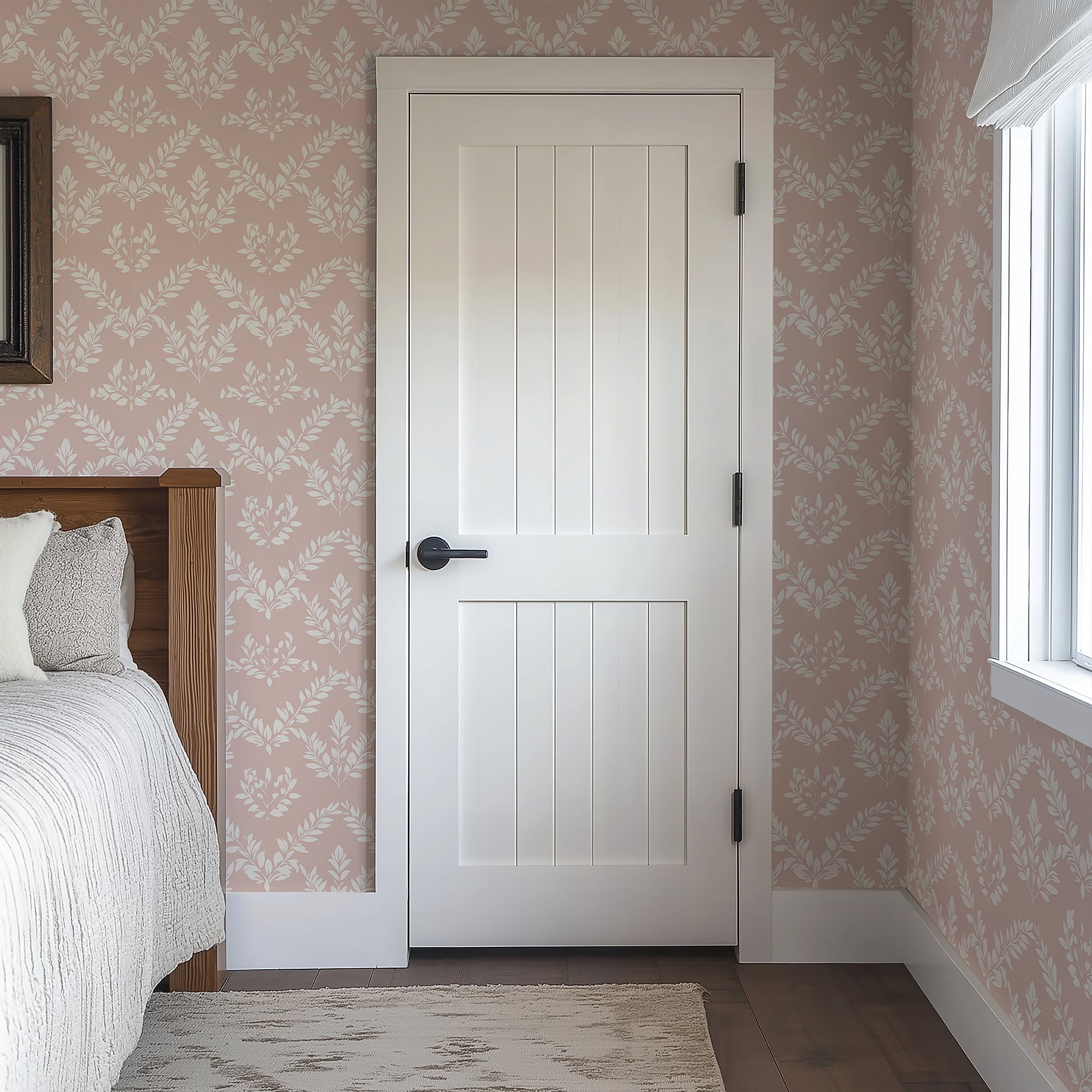 Bedroom with Blushing Botanicals wallpaper featuring ivory laurels and floral patterns on blush background, creating traditional elegance.