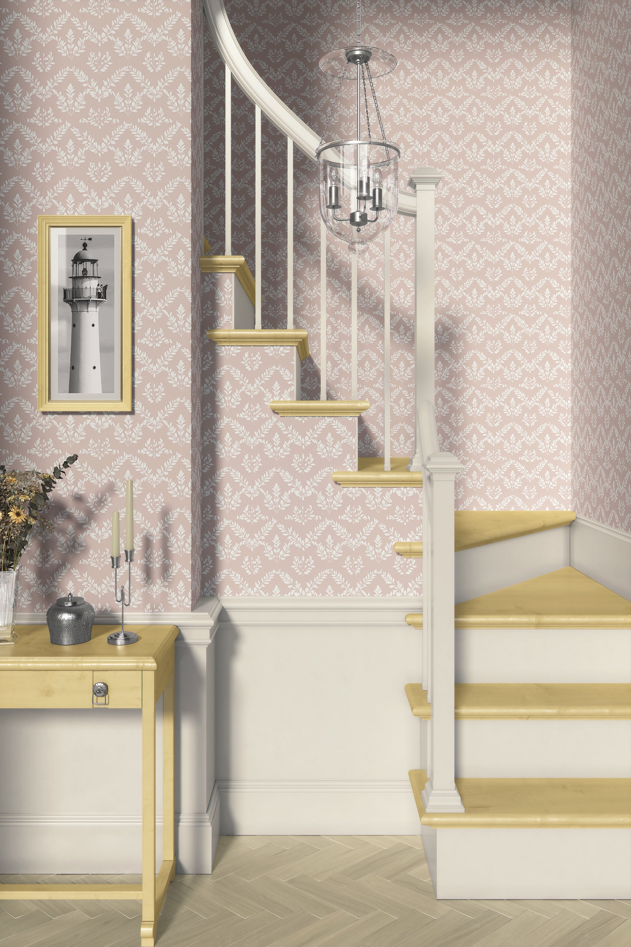 Blushing Botanicals wallpaper with ivory botanical silhouettes on blush background, featuring laurels and floral, traditional elegance.